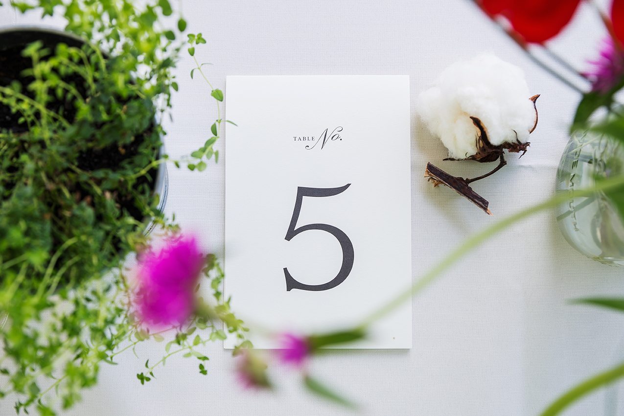DIY table numbers and cotton flowers and decor