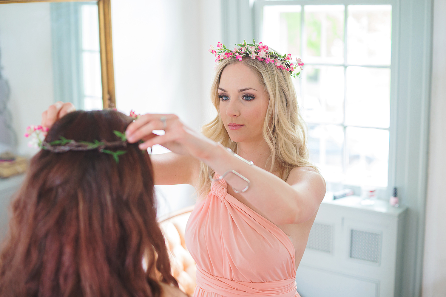Bridesmaids in pink at Rosedale Manor in Greenwell State Park wedding 