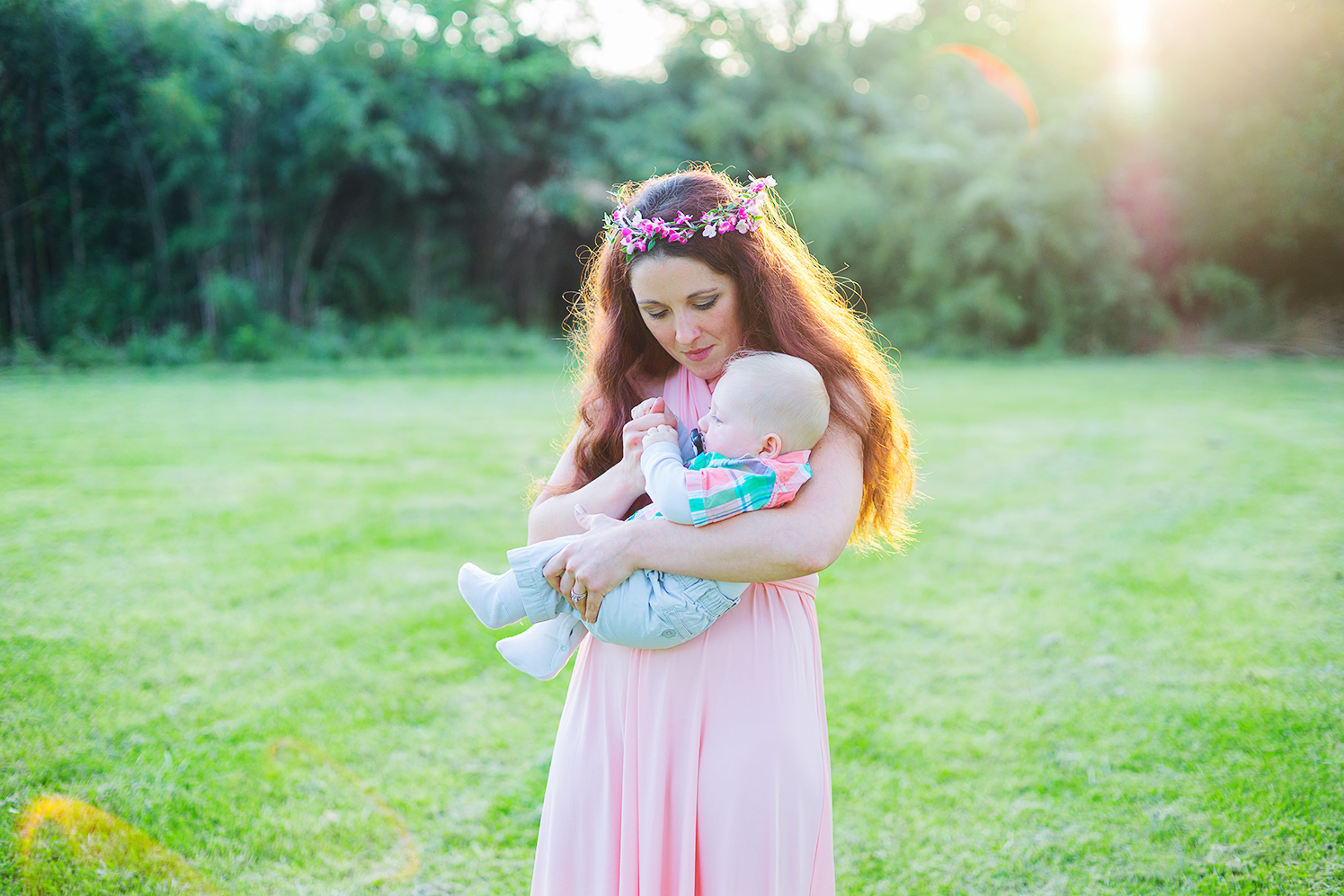 Beautiful bridesmaid mom with baby photos in maryland at Greenwell State Park wedding 