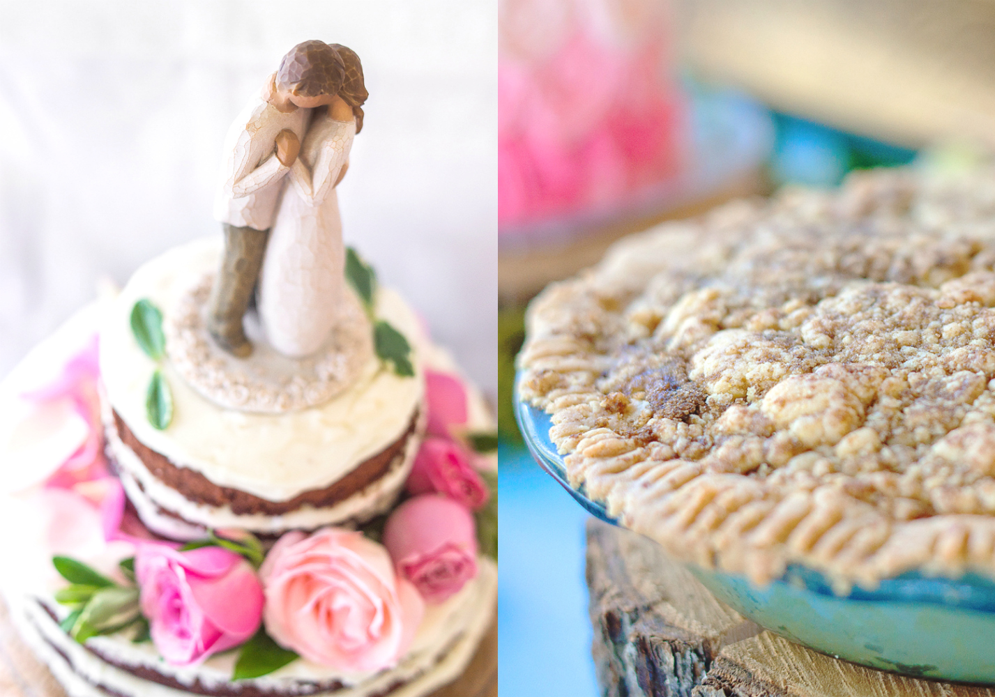 Home made pie and willow tree cake topper at maryland wedding photography