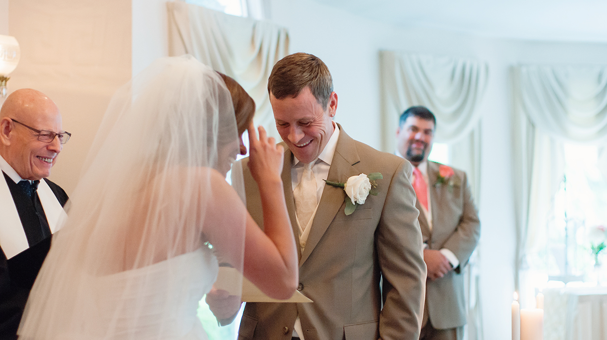 Bride and groom at indoor ceremony at Ceresville Mansion