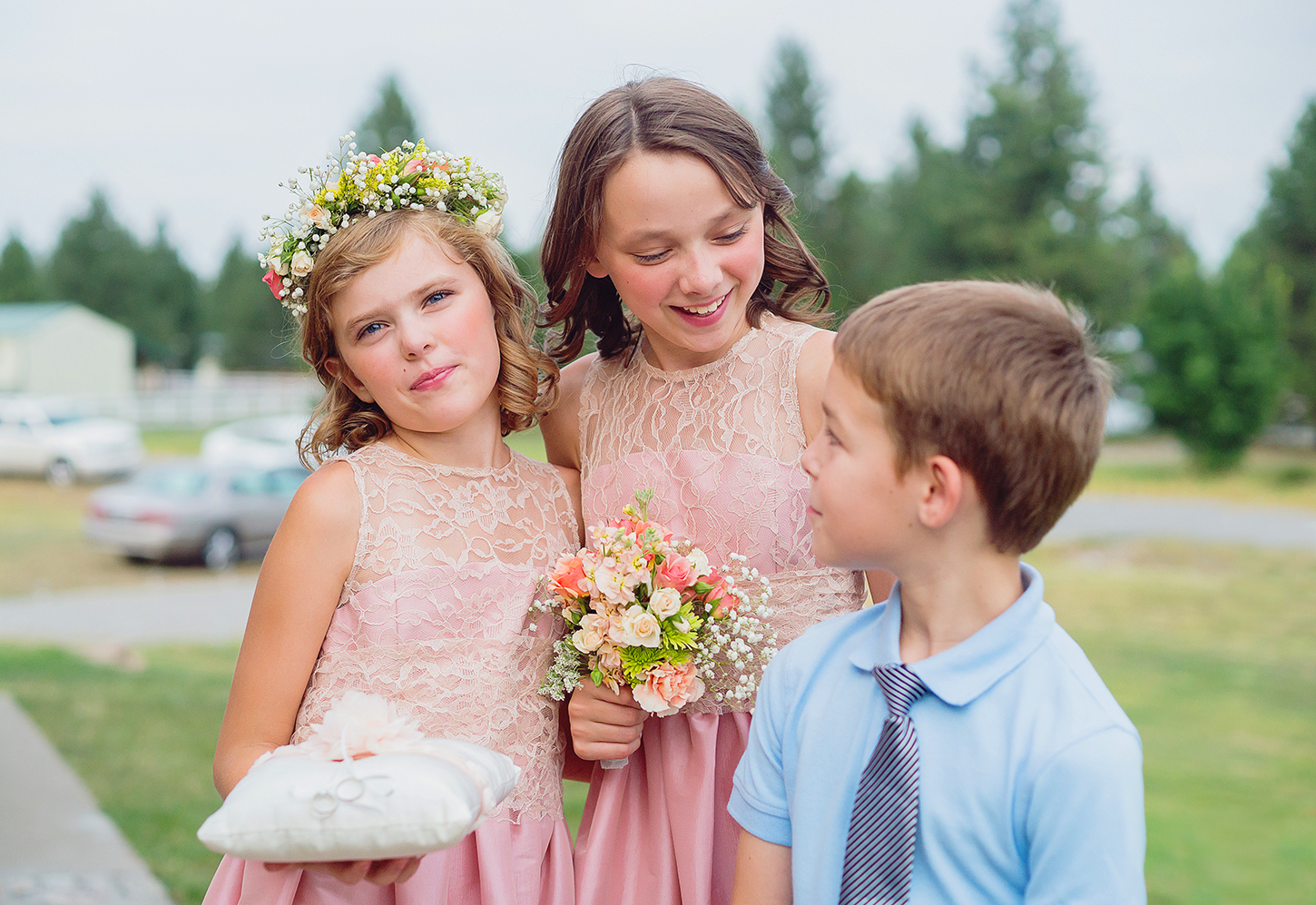 Flower girls and ring bearer at Athol Idaho backyard wedding