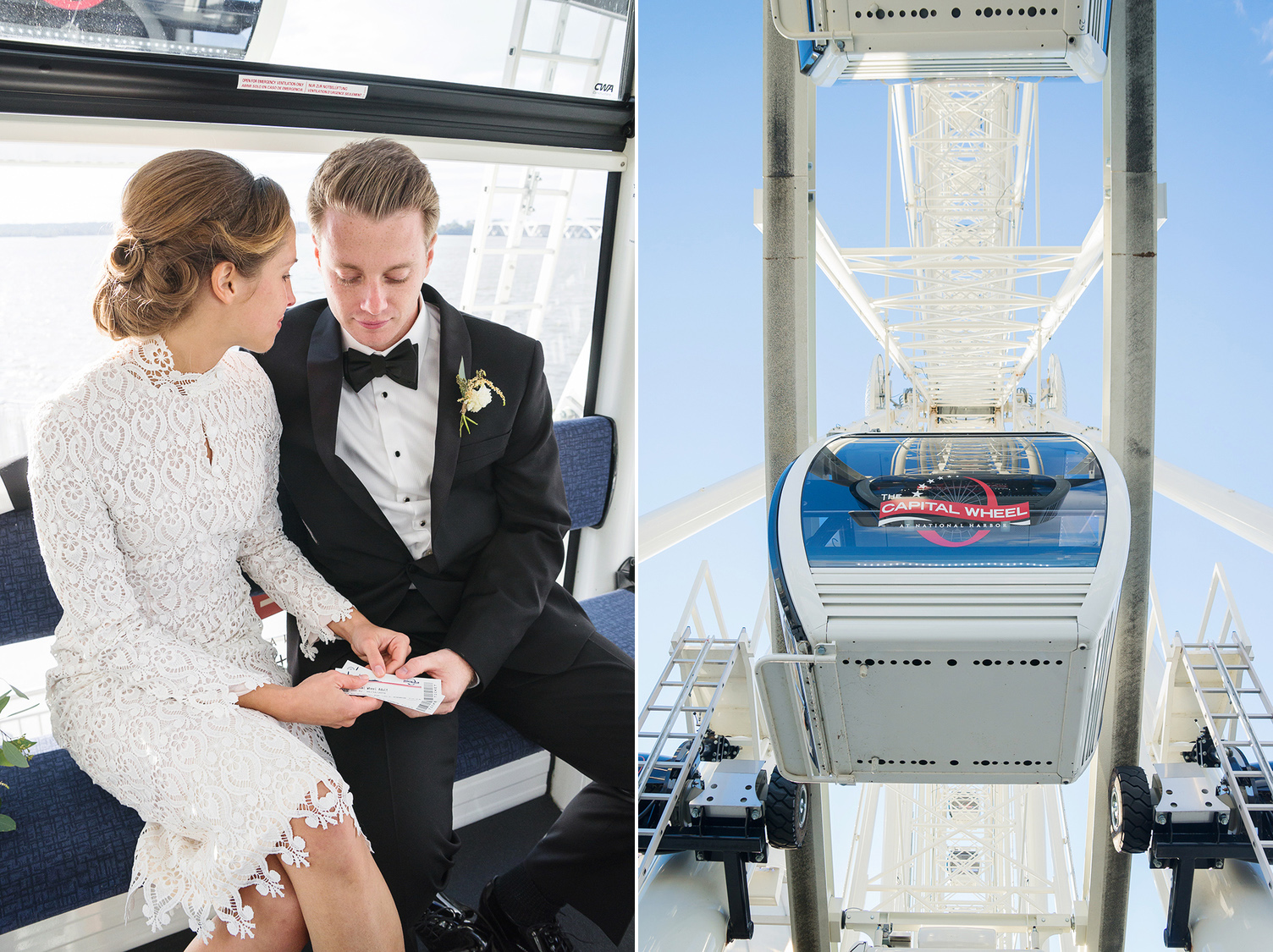 National harbor bride and groom photos in ferris wheel