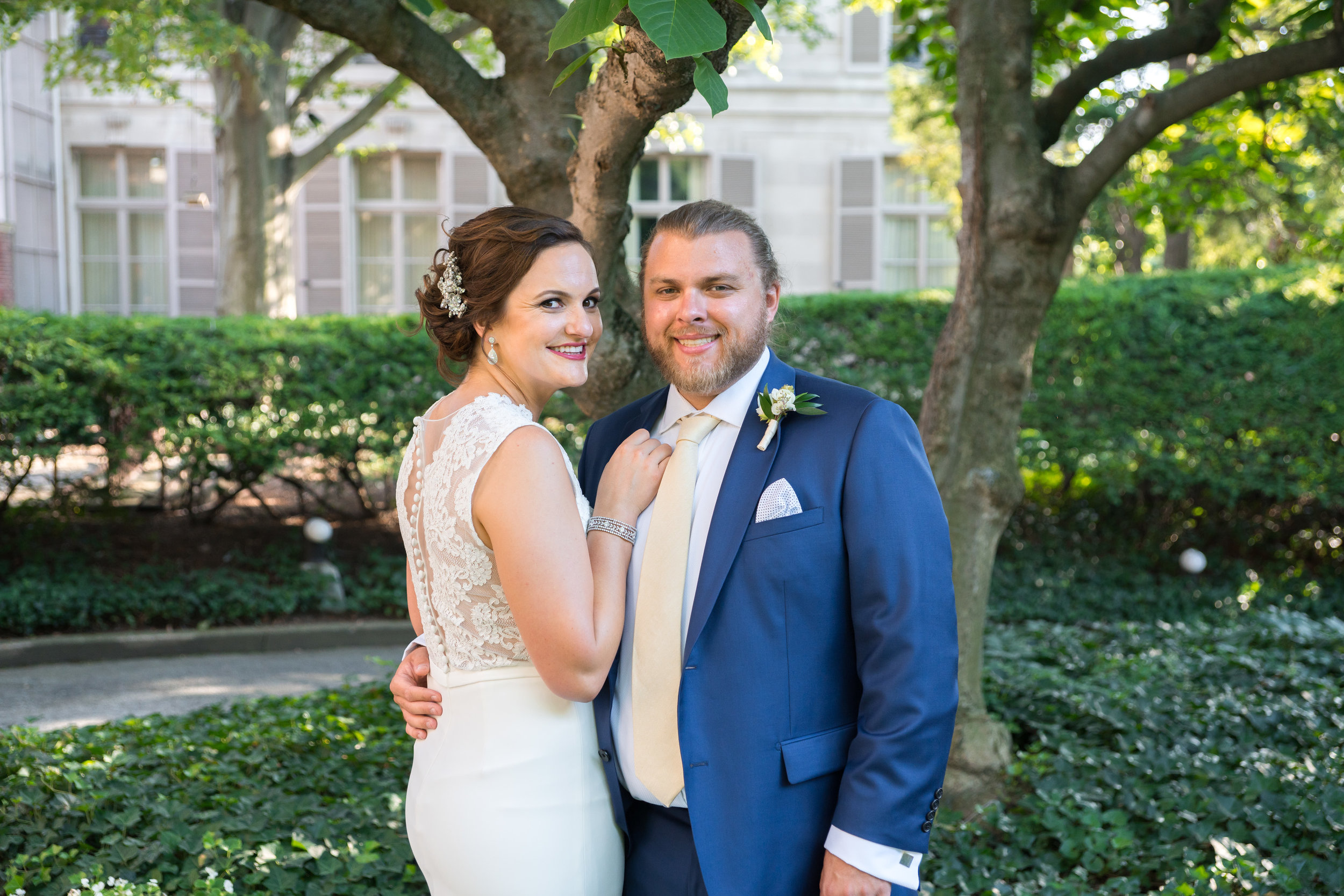 BRide and groom at a summer wedding at meridian house