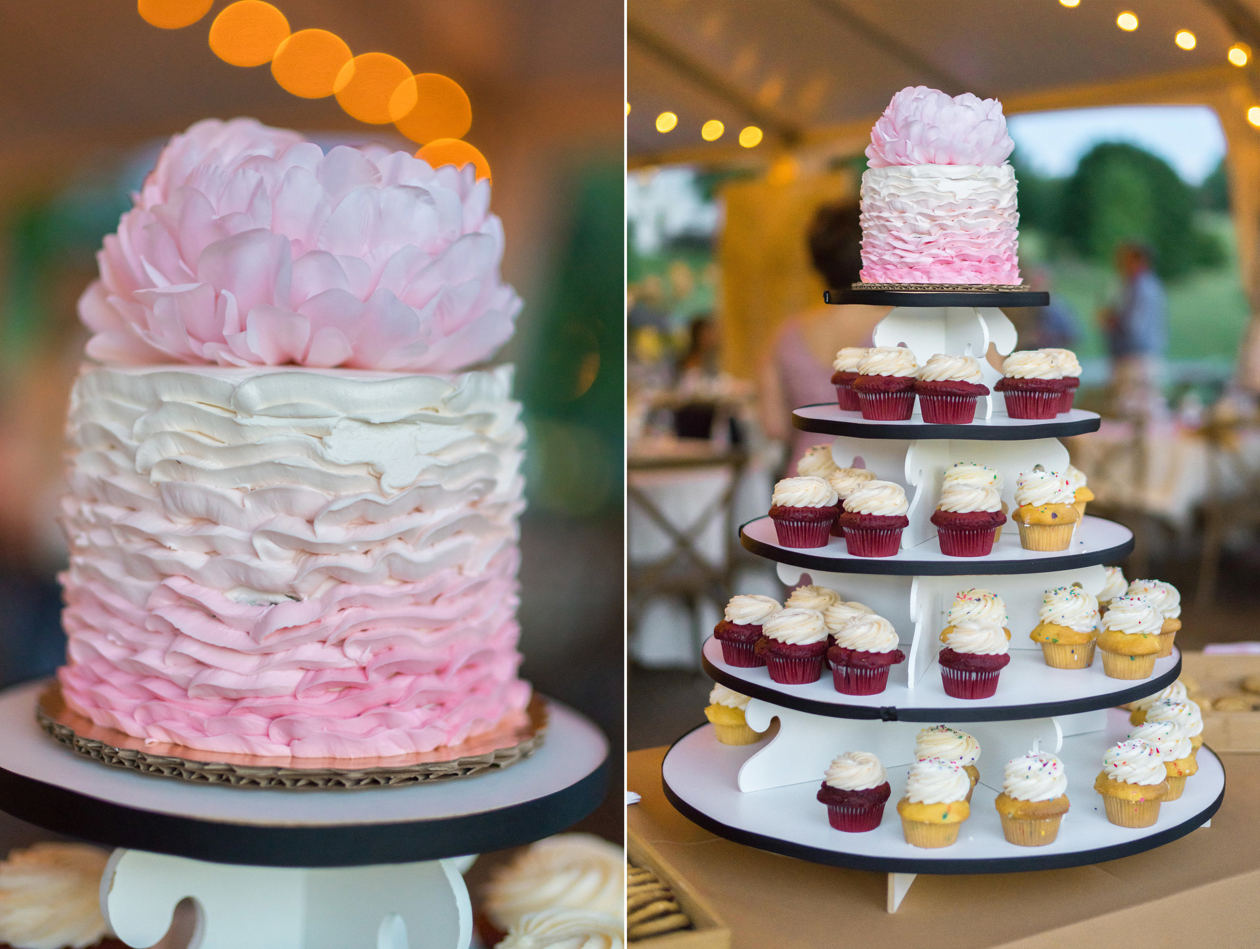 Awesome cupcake tower with peony on top and cake topper