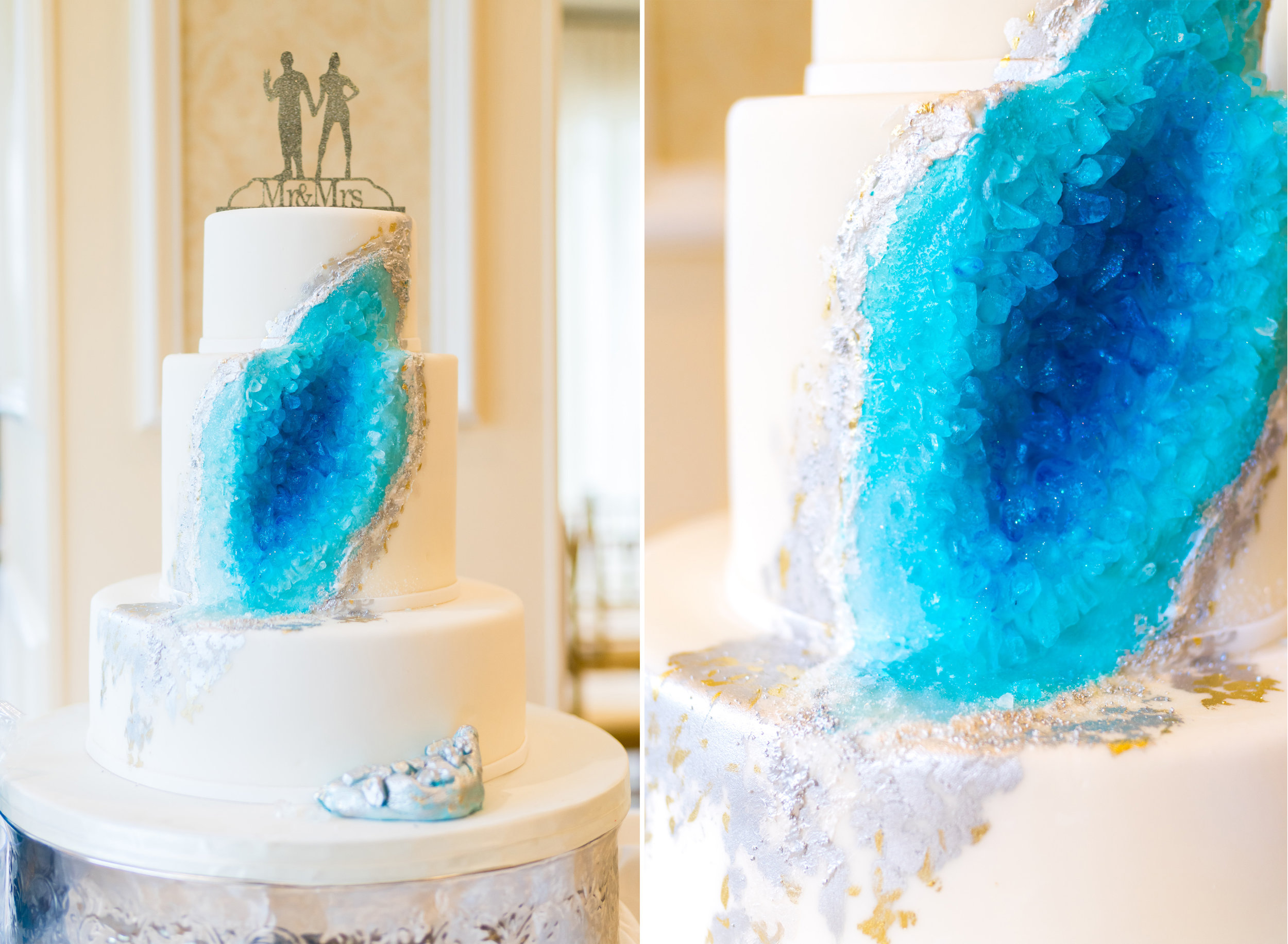 Amazing blue rock geode cake at a rockville wedding venue