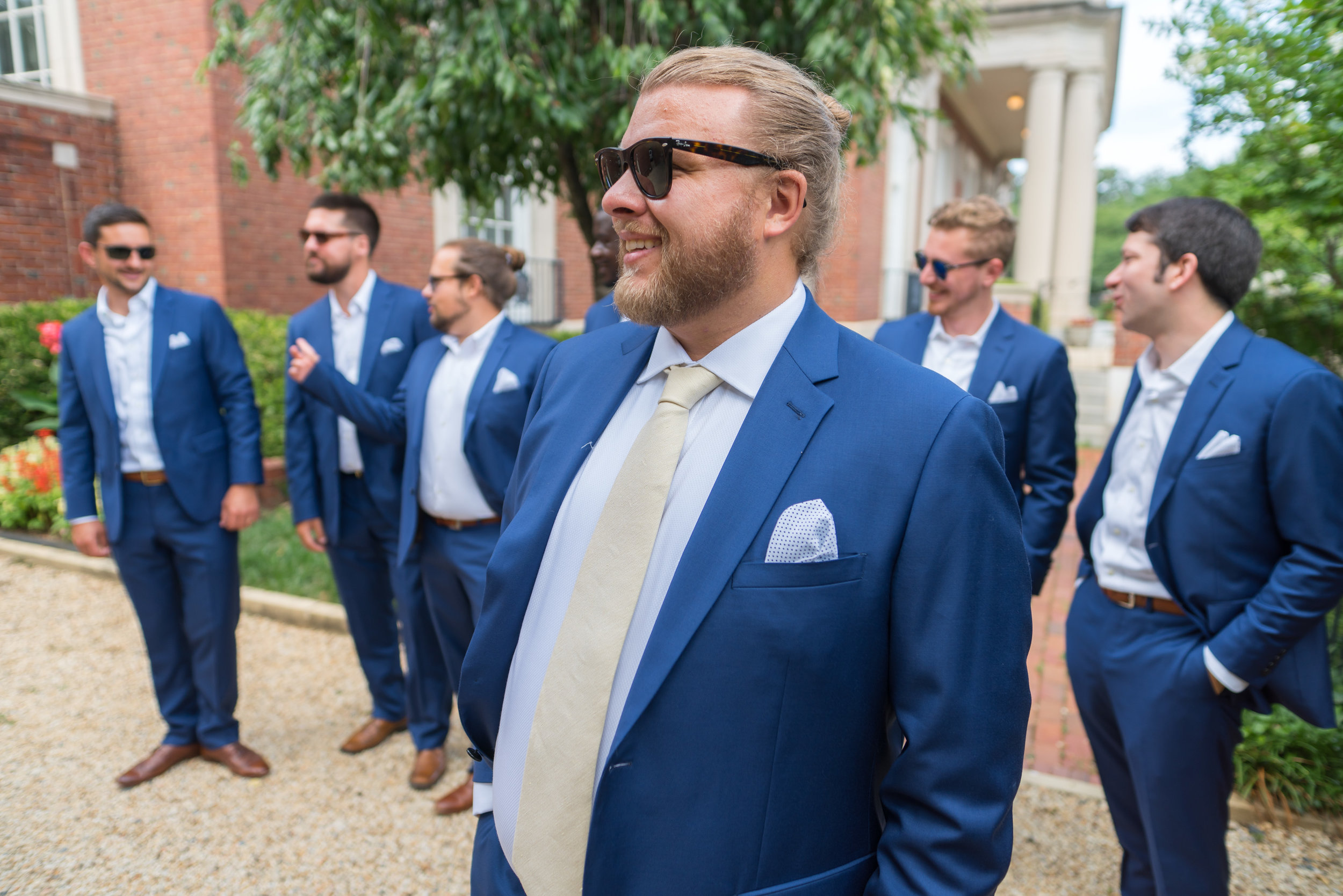 Groom and groomsmen in blue suit at a DC wedding 