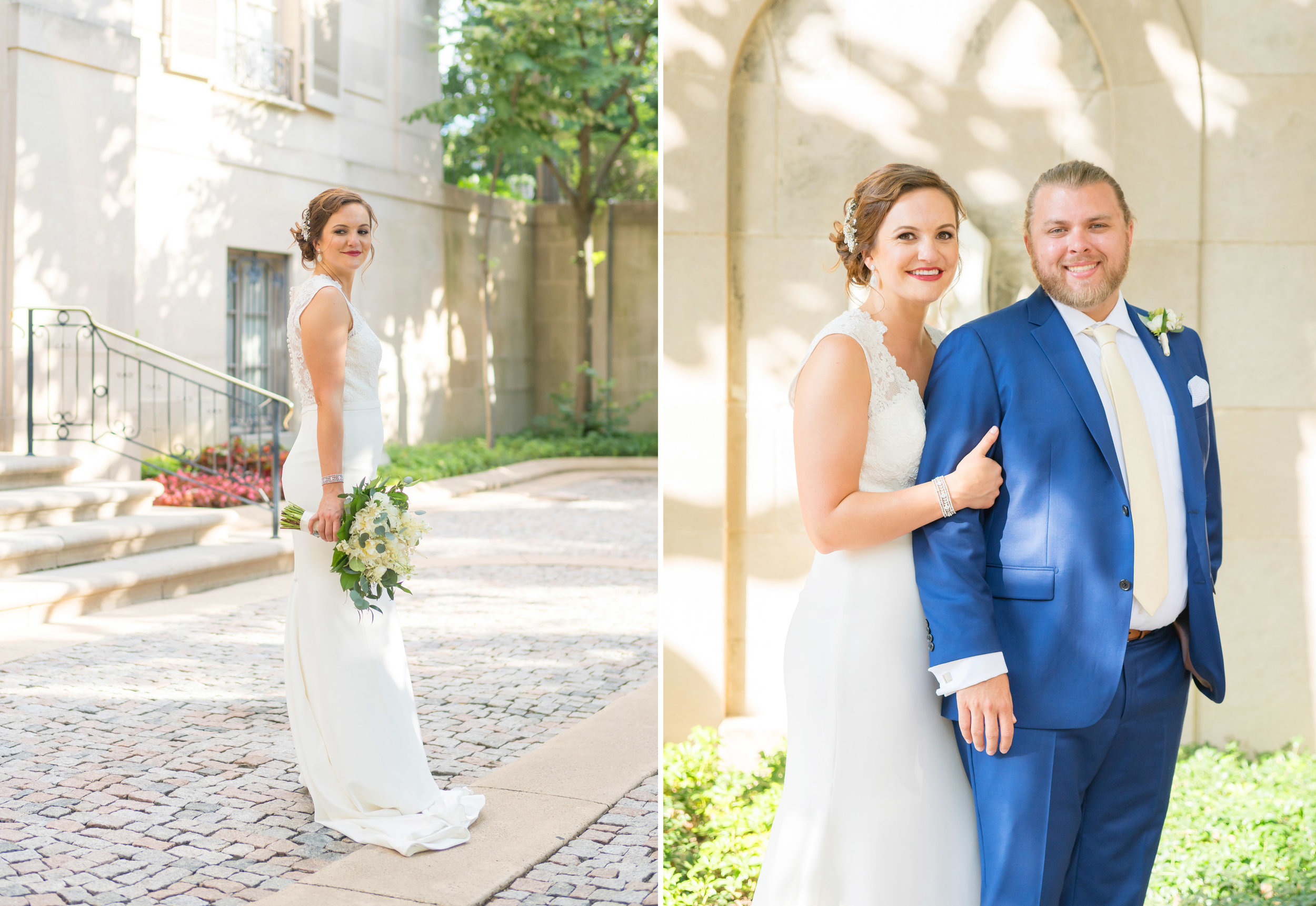 Wedding photos on cobblestone courtyard in front of meridian house