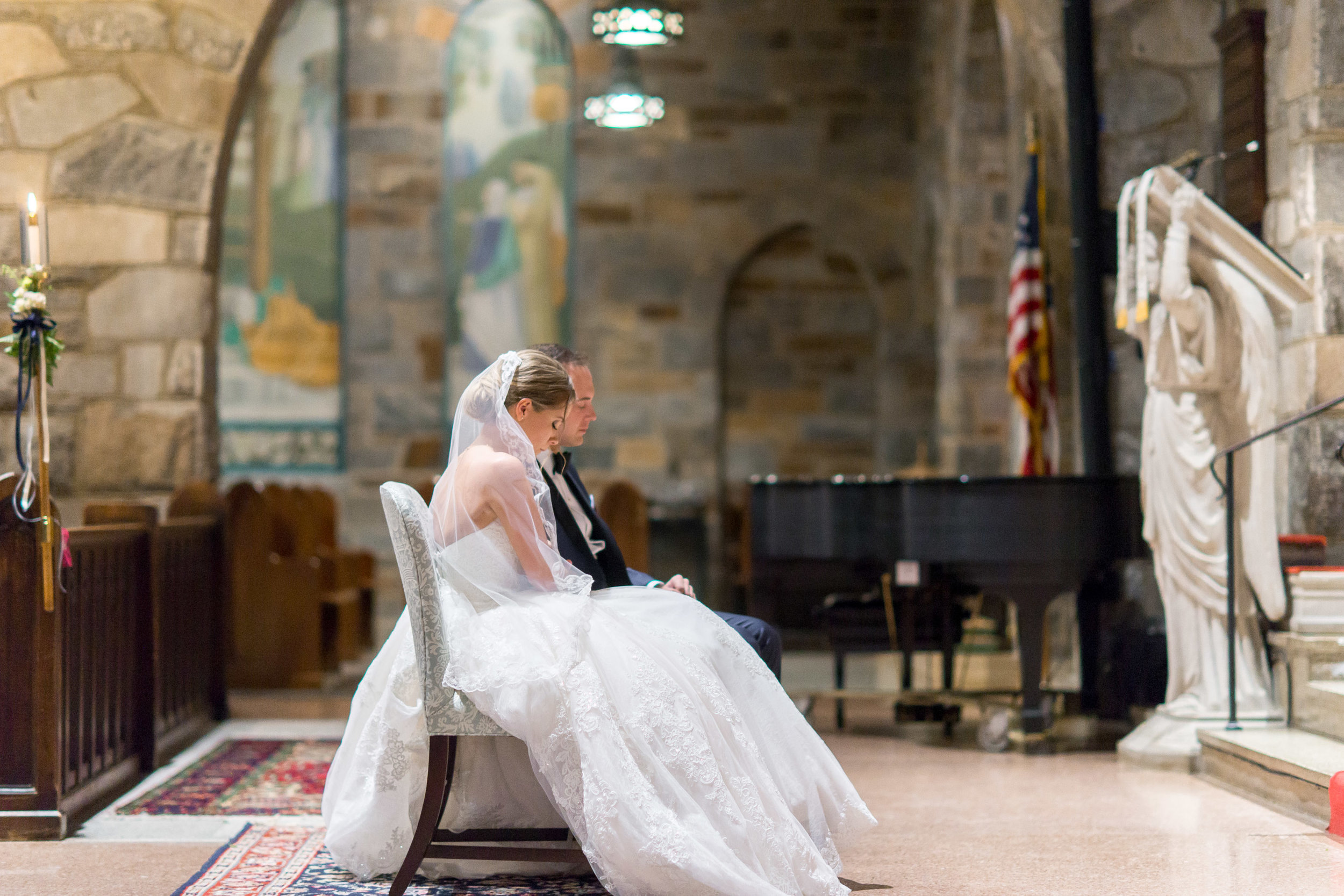 Bride and groom portraits at all saints church wedding in bethesda maryland