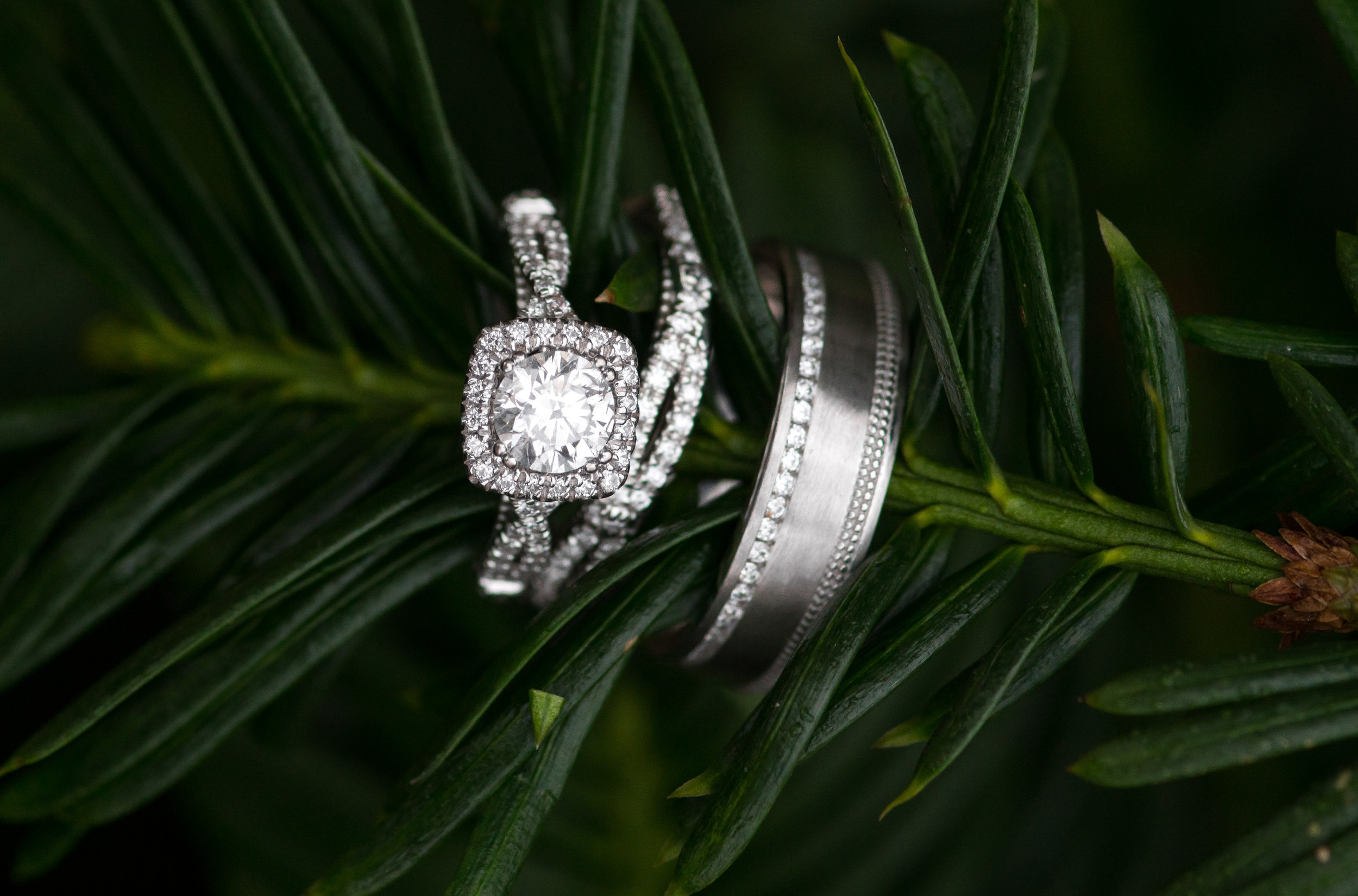 custom engagement ring and band with halo