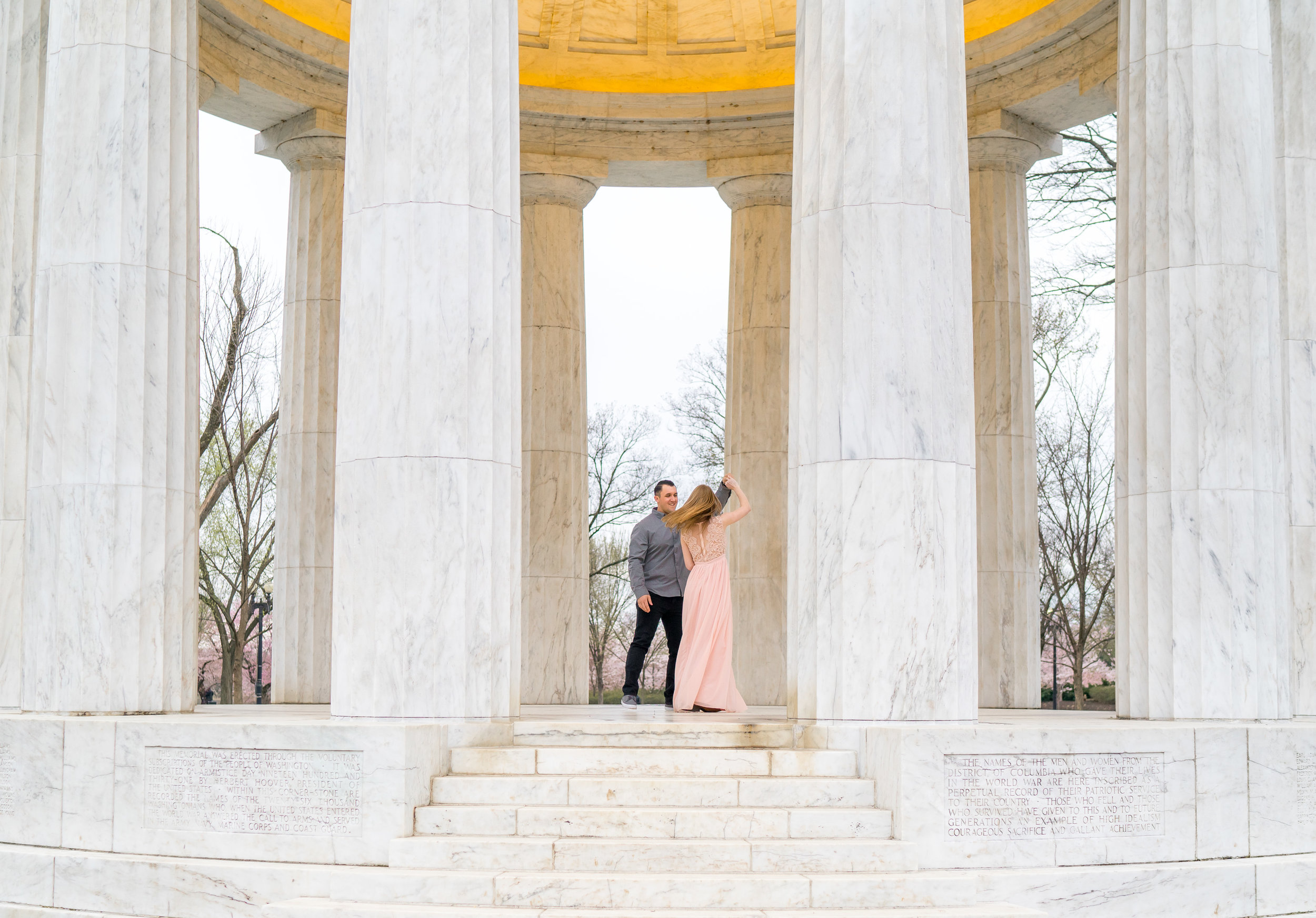 Spring engagement photo at War Memorial in DC