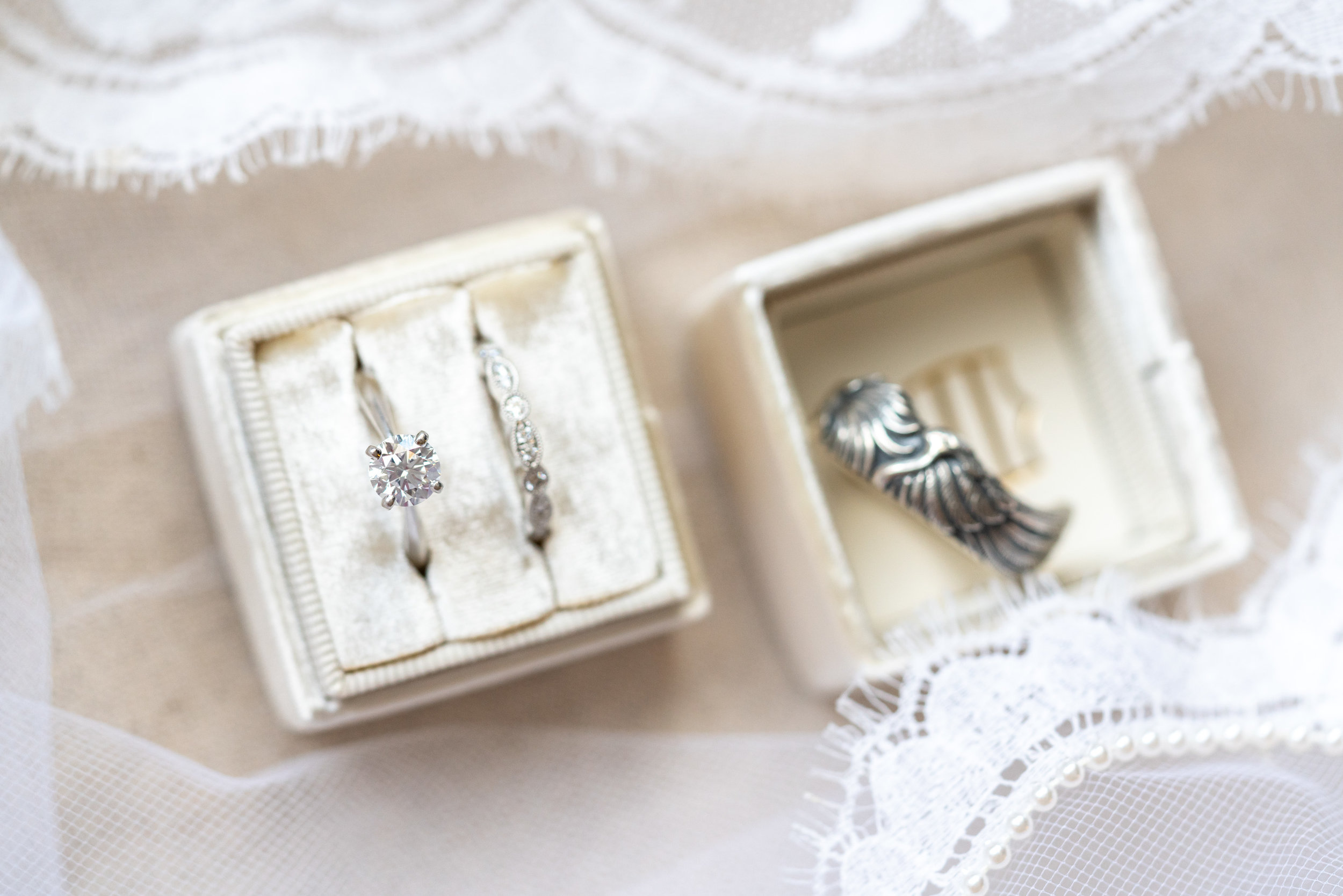 Wedding rings at Harvest House in a Mrs. Box taken with Sony a7riii and 90mm macro