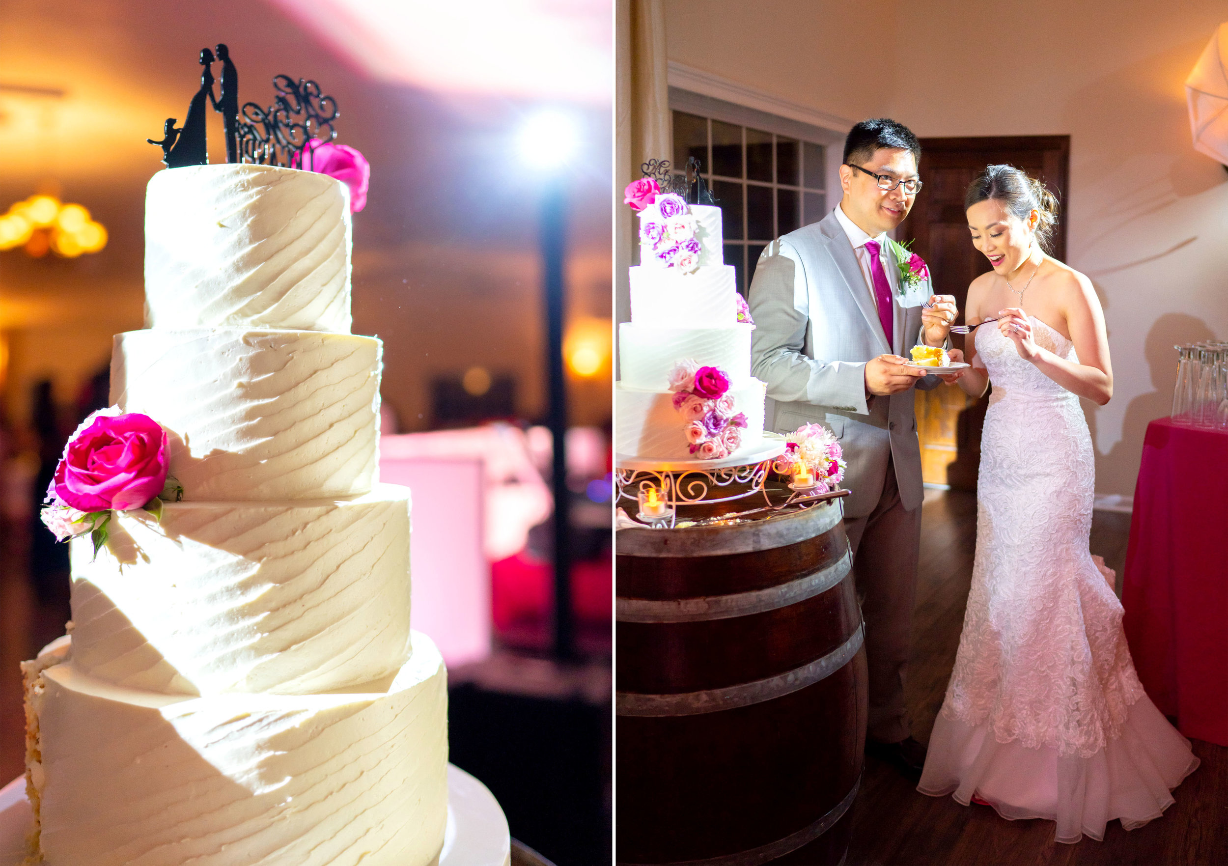 Wedding cake photos with pink and purple flowers