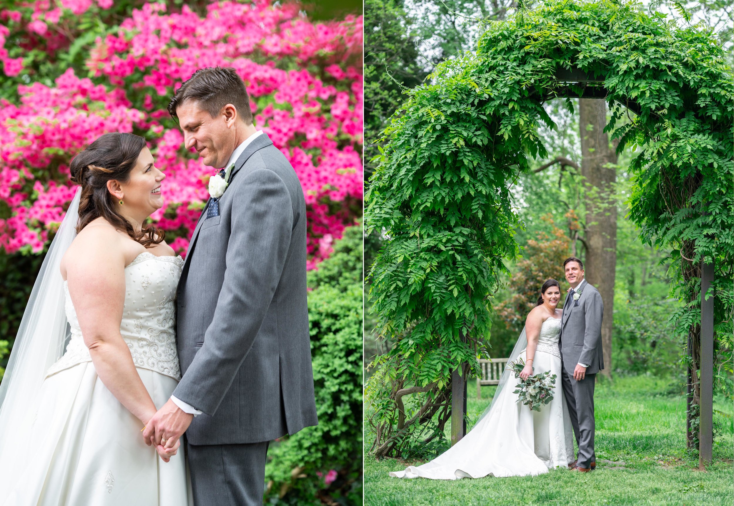 Portrait in front of pink azaleas (left) and under ivy arch (right) at Hendry House wedding