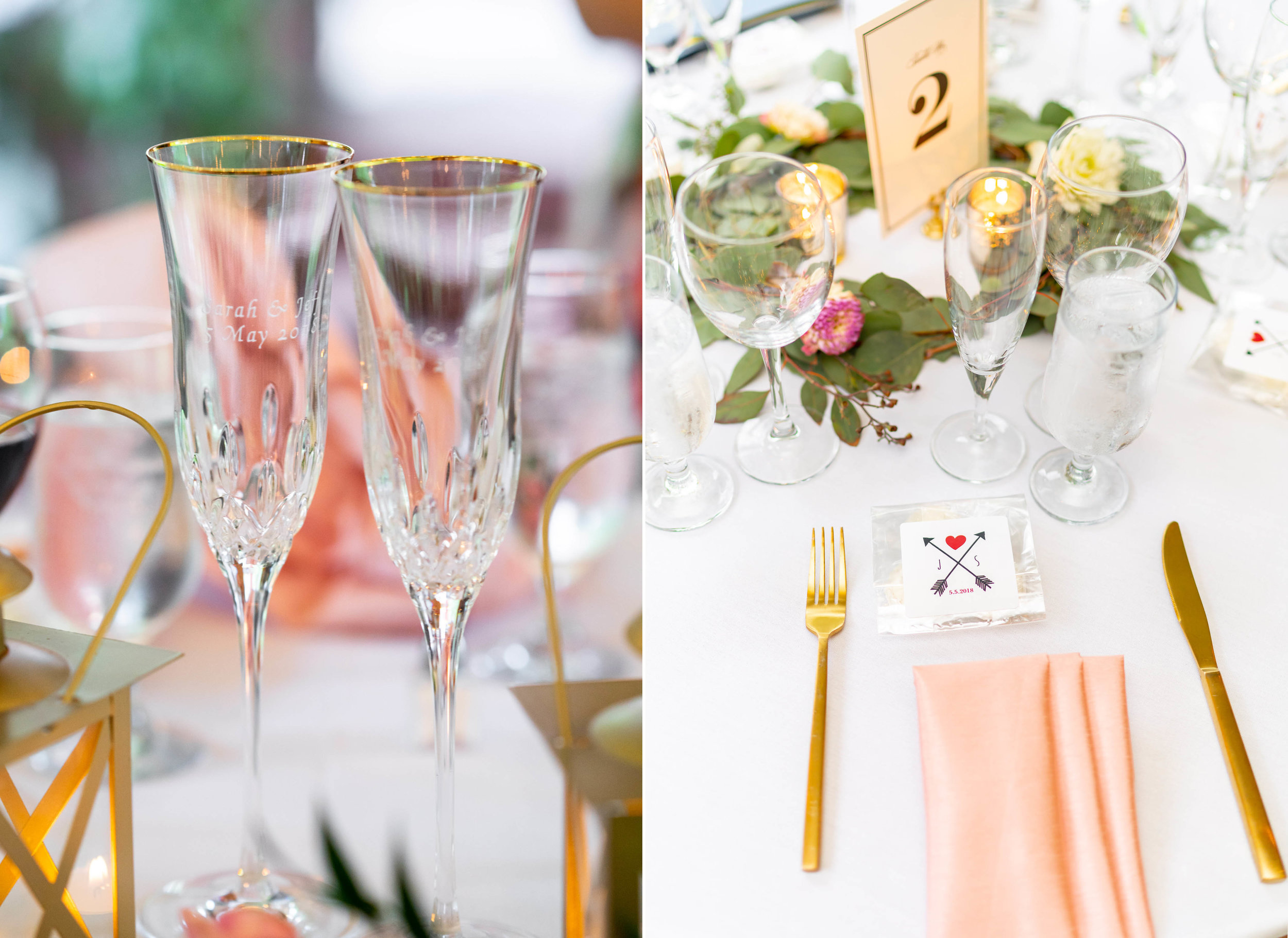 Yellow gold mixed with rose gold details at wedding reception at Hendry House