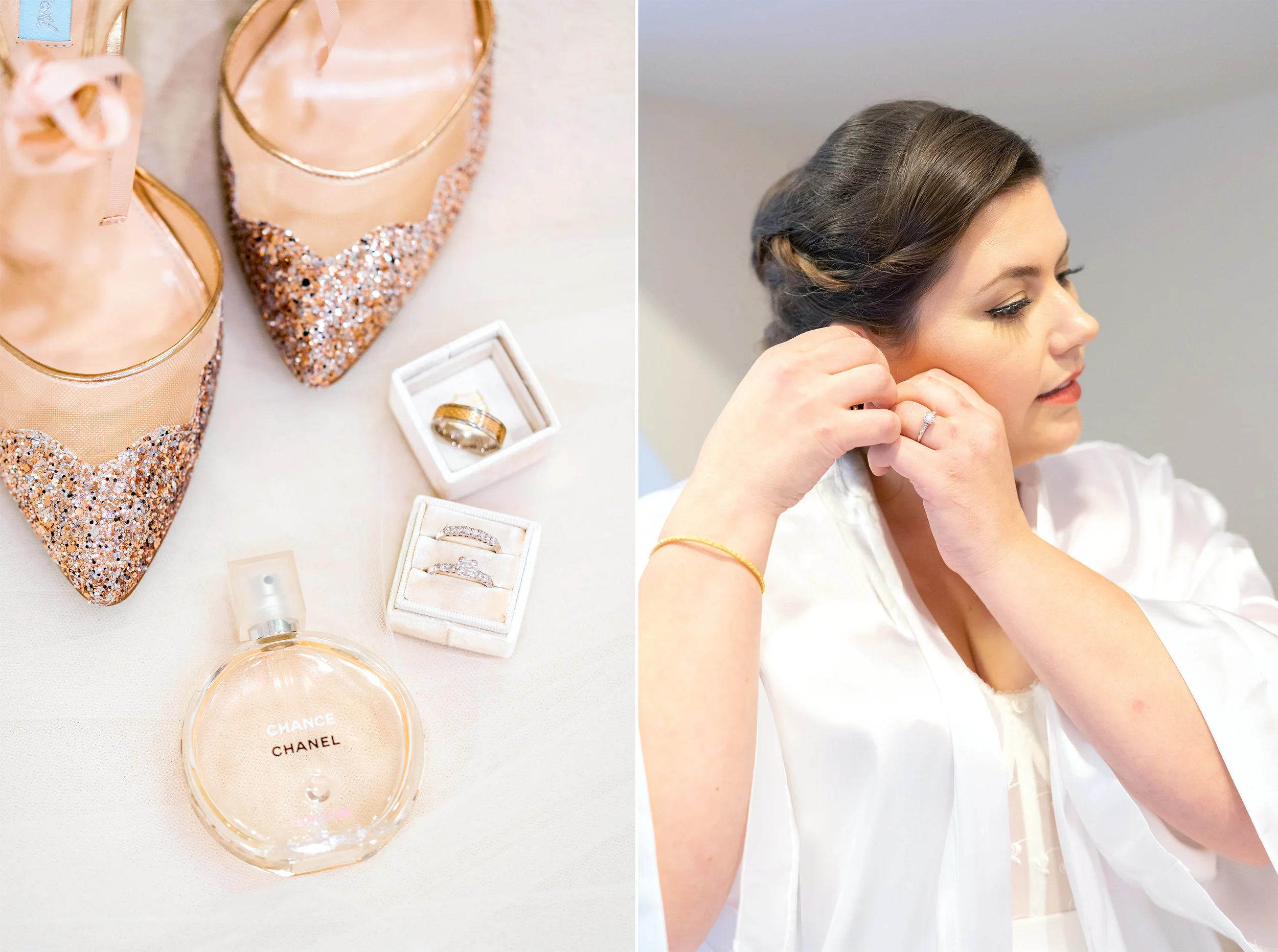 Details (left) and the bride putting her earring in (right) at Hendry House