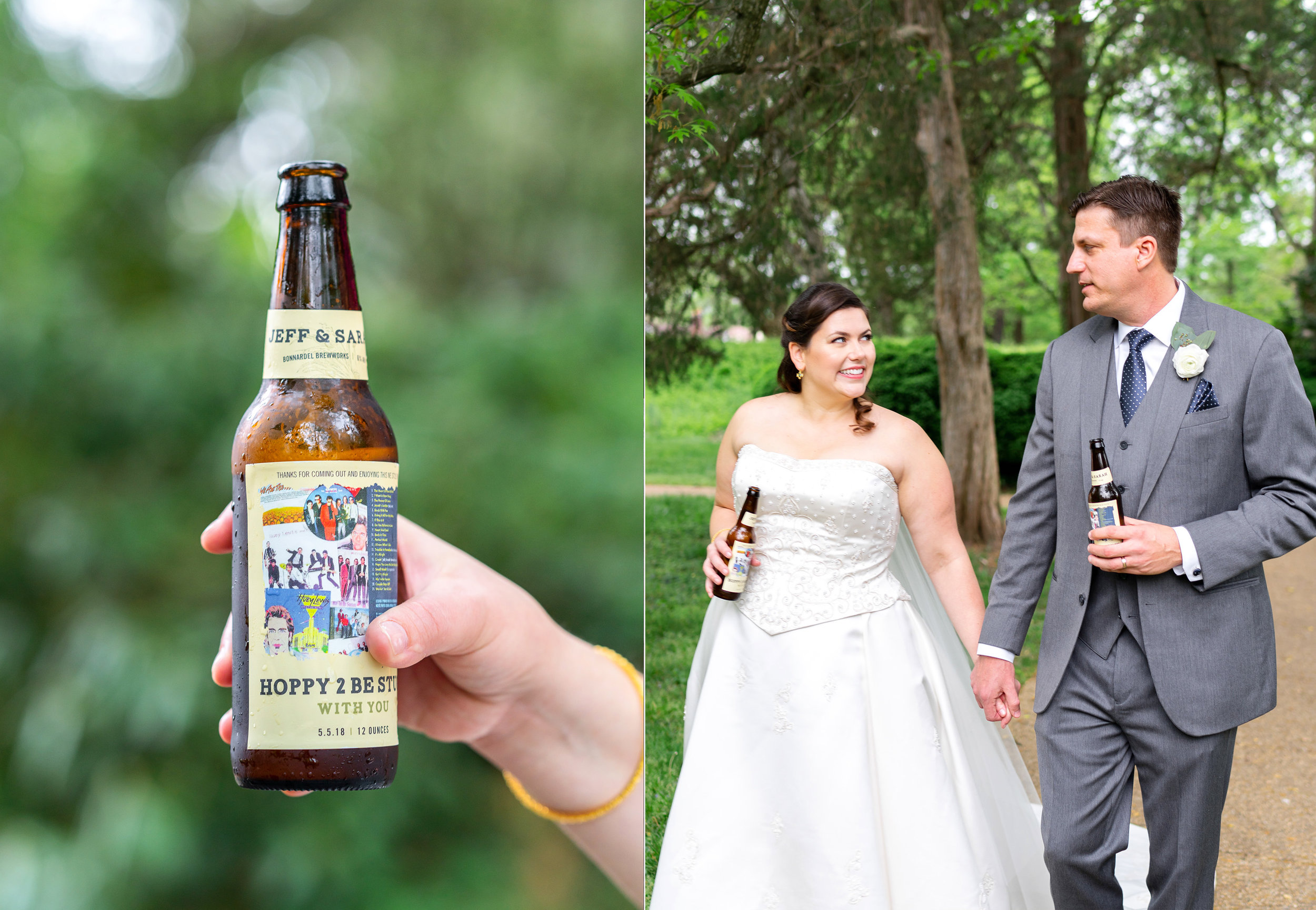 Custom beer bottle label for wedding at Hendry House (left) and bride and groom (right)