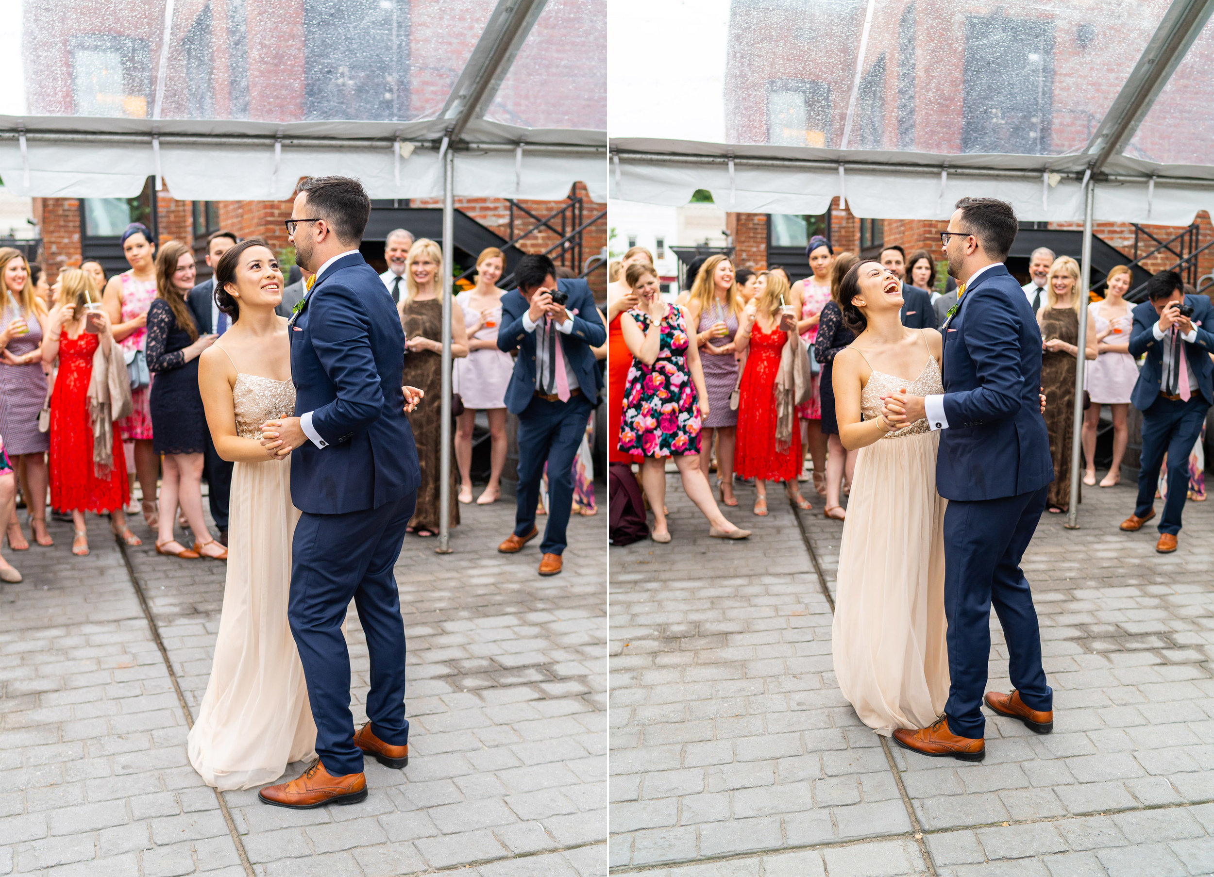 Bride and groom laugh while sharing first dance under clear tent reception at DC venue Gallery OonH