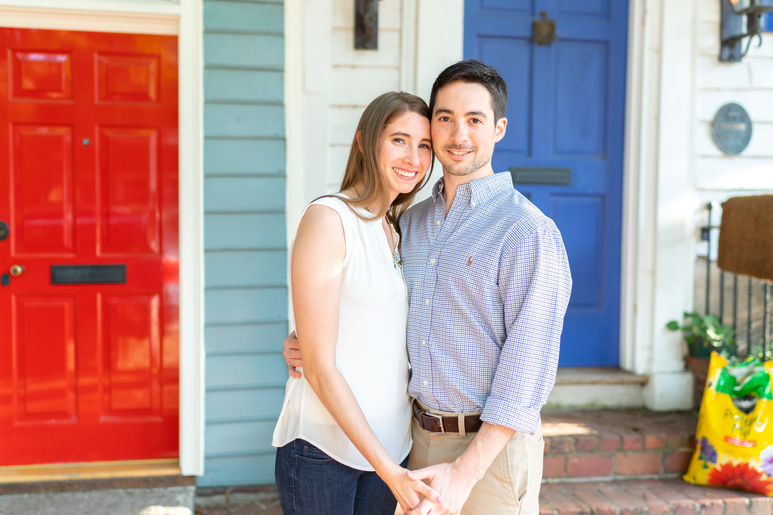 Colorful doors in Old Town Alexandria cobblestone streets engagement session