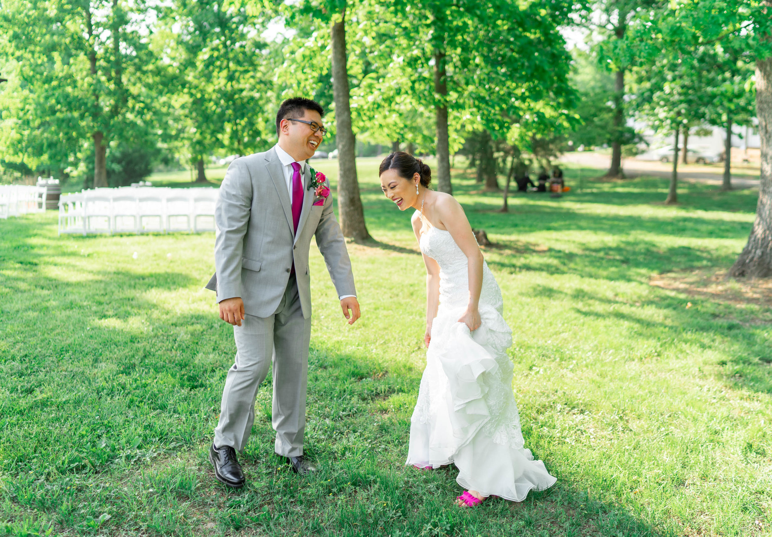 Bride and groom laughing at Harvest House at Lost Creek Winery wedding