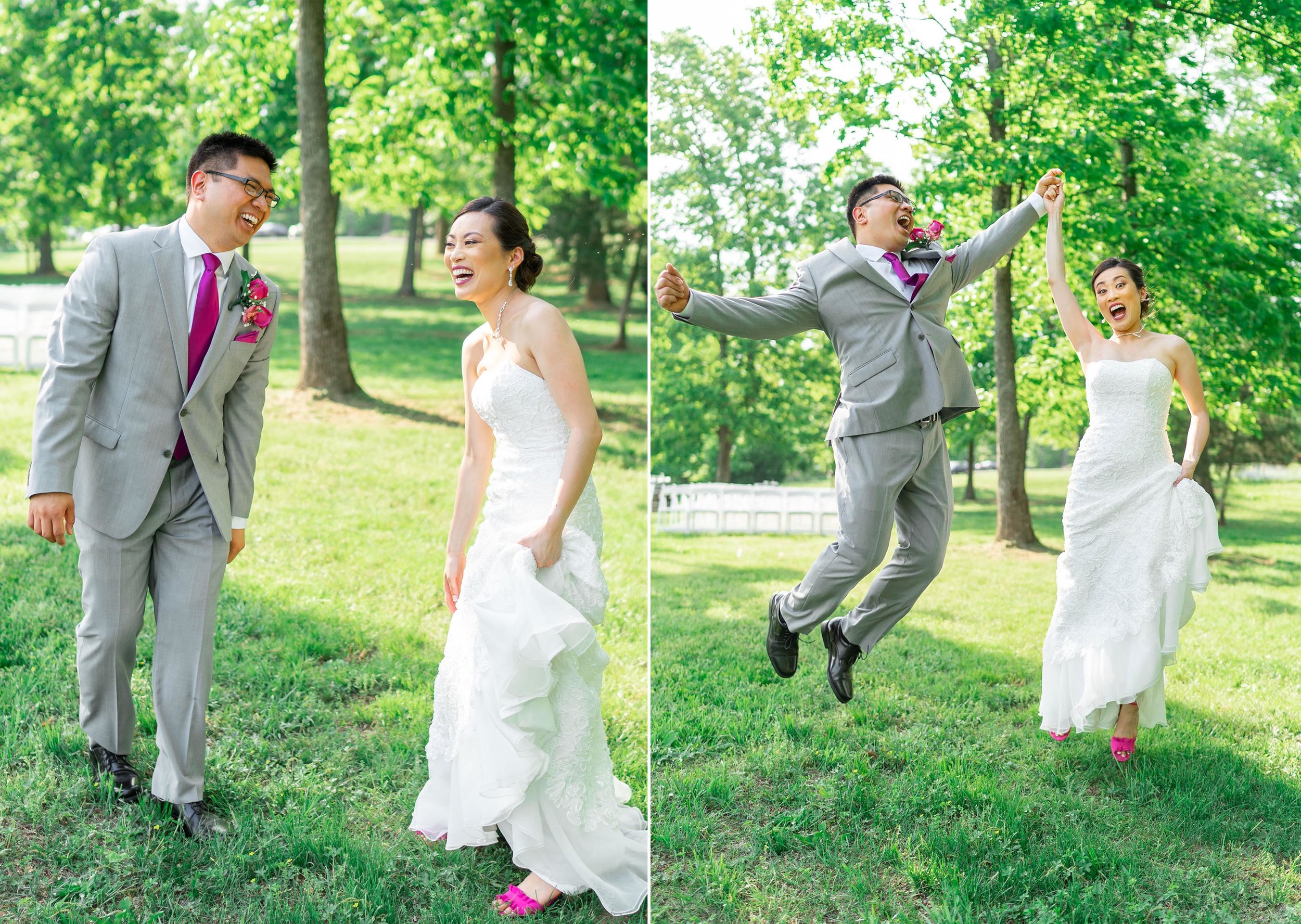 Bride and groom jumping in the air and laughing
