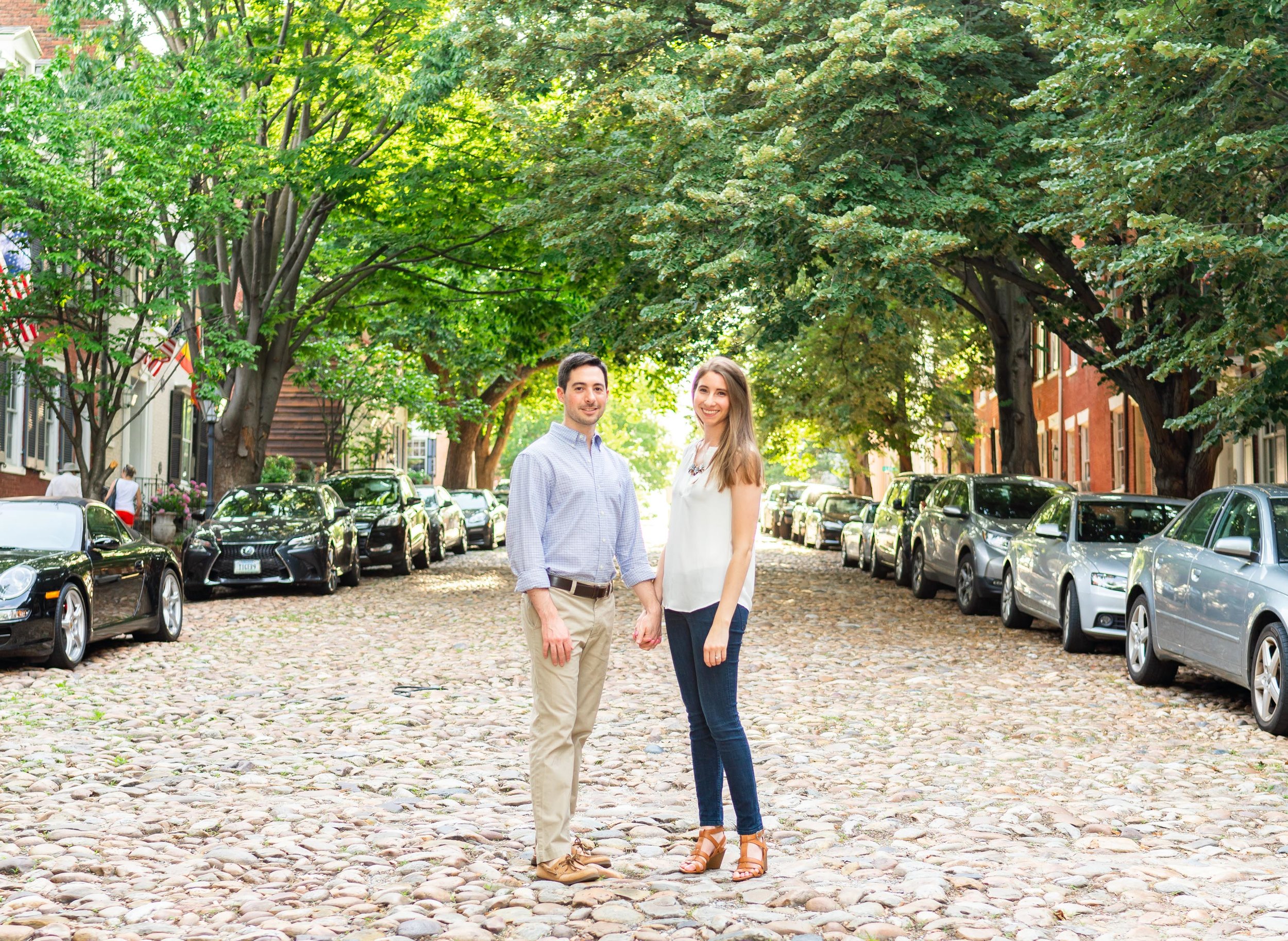 Cobblestone street in Old Town Alexandria at golden hour sunset