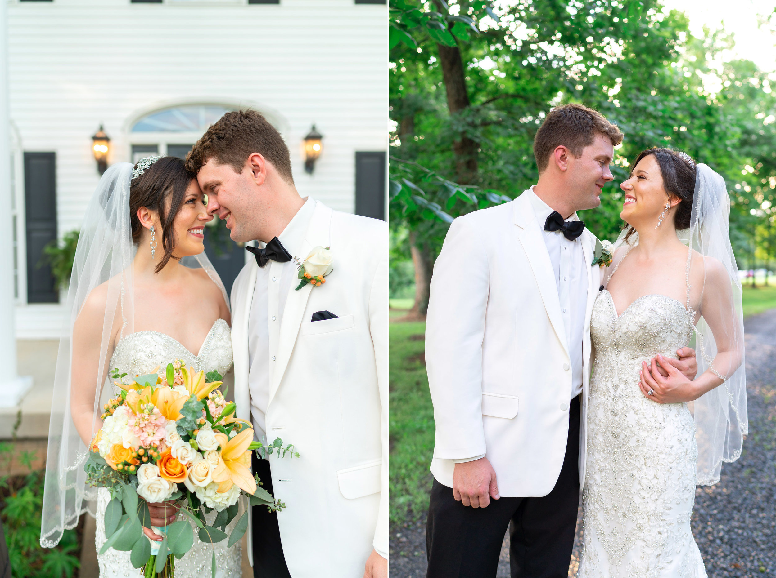 Bride and groom kissing in front of Harvest House at Lost Creek Winery