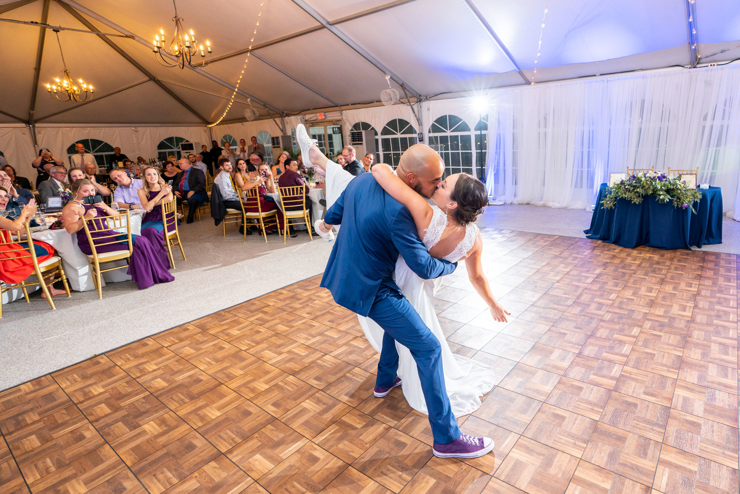 Amazing dip and first dance photo at Rust Manor House wedding reception tent HVL-F60RM