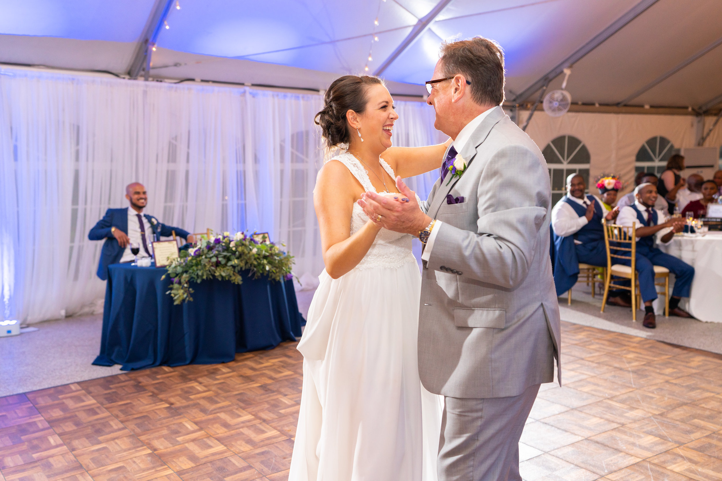 Father daughter dance in white tent reception at Rust Manor House with Sony HVL-F60RM