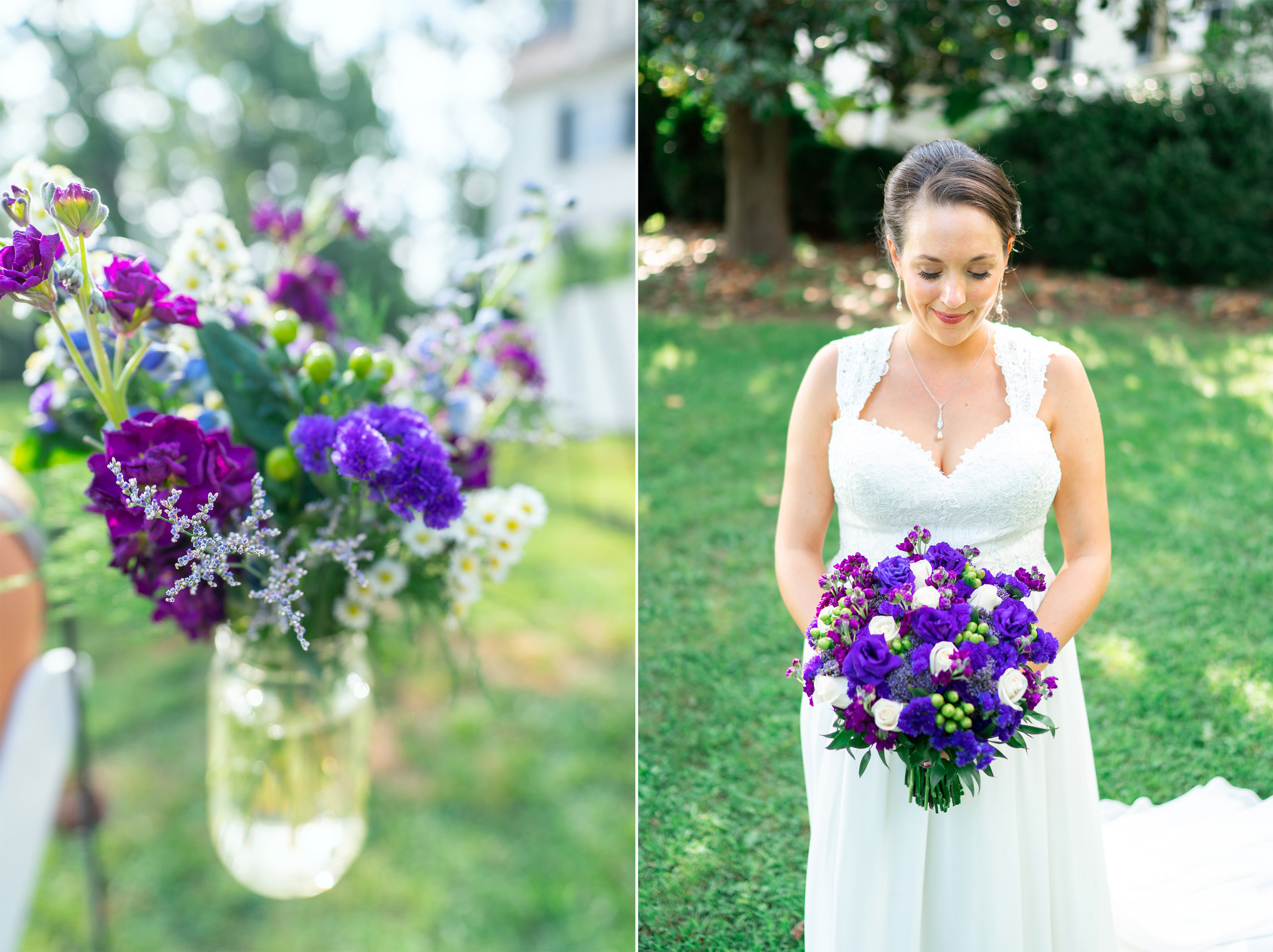 Shepherd's hook with purple flowers and bride with purple bouquet