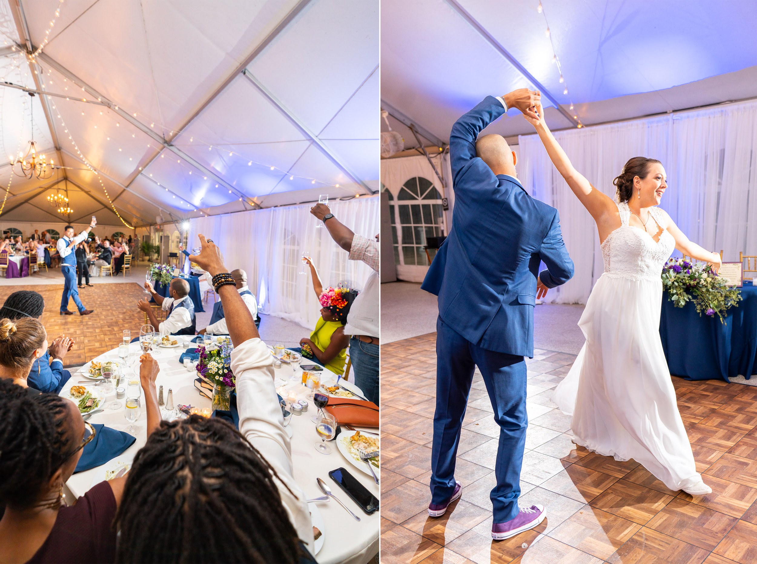 Toasts (left) and first dance (right) at rust manor house reception tent