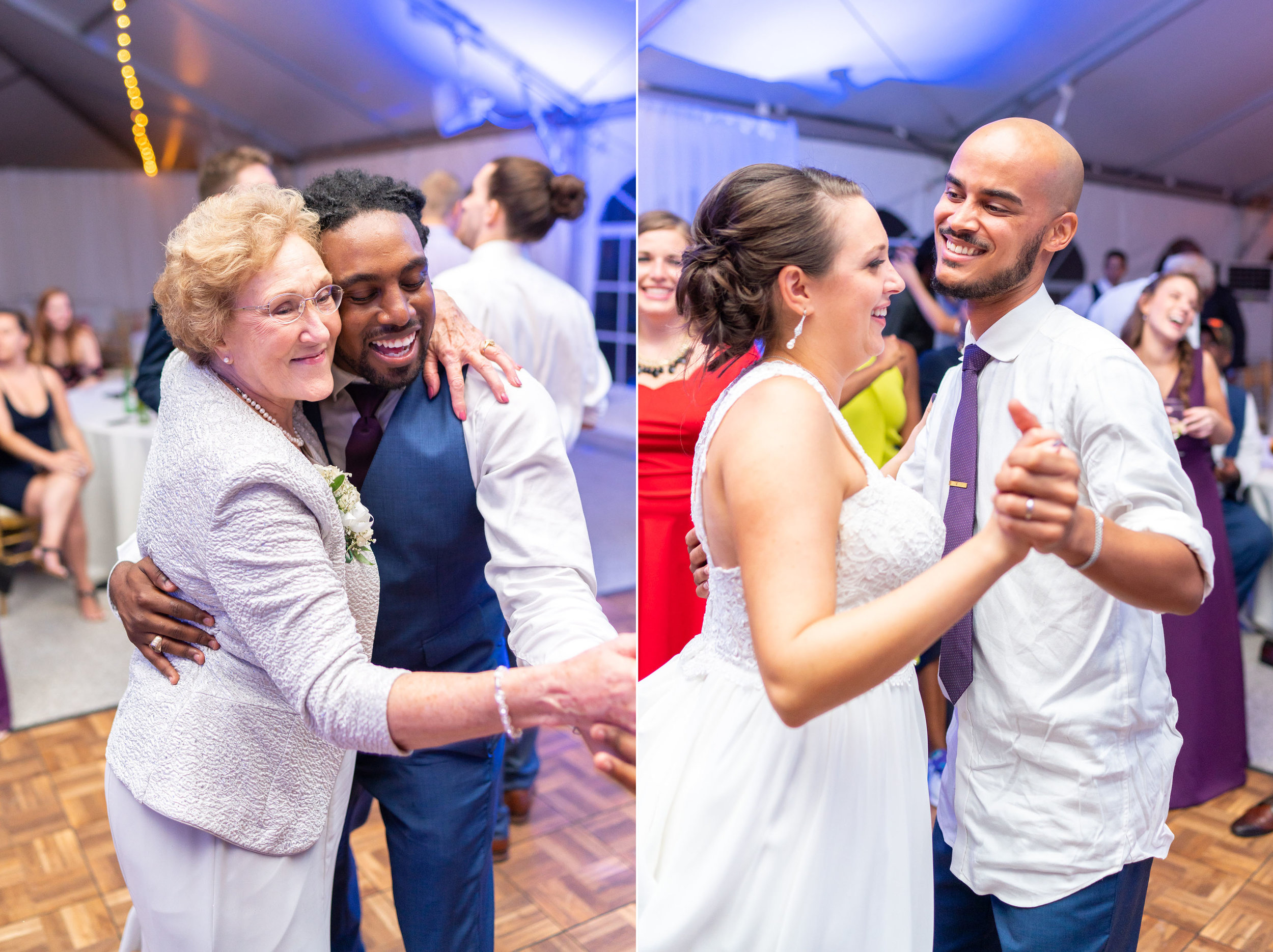 Guests dancing (left) and bride and groom dancing (right) at white tent wedding reception in Leesburg