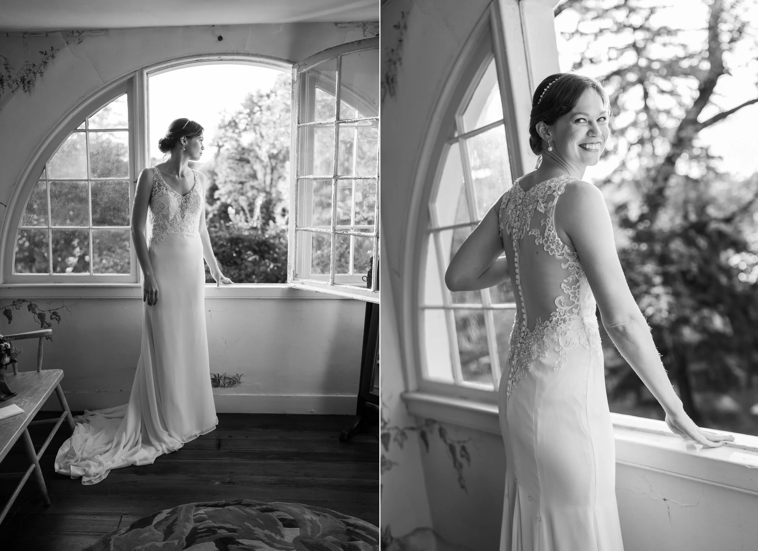 Bride in window at bridal suite at Elkridge Furnace Inn wedding photos