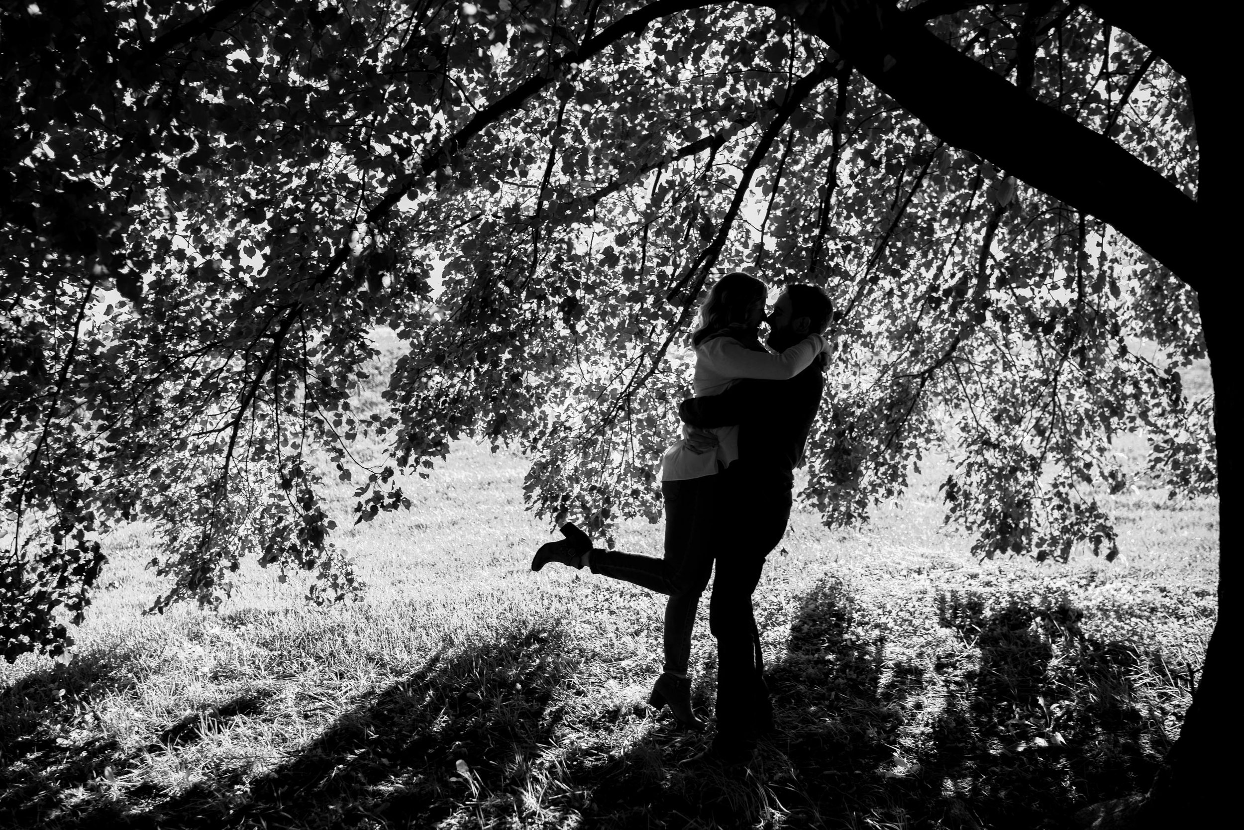 Black and white silhouette of bride and groom under tree at Ft McHenry in Baltimore