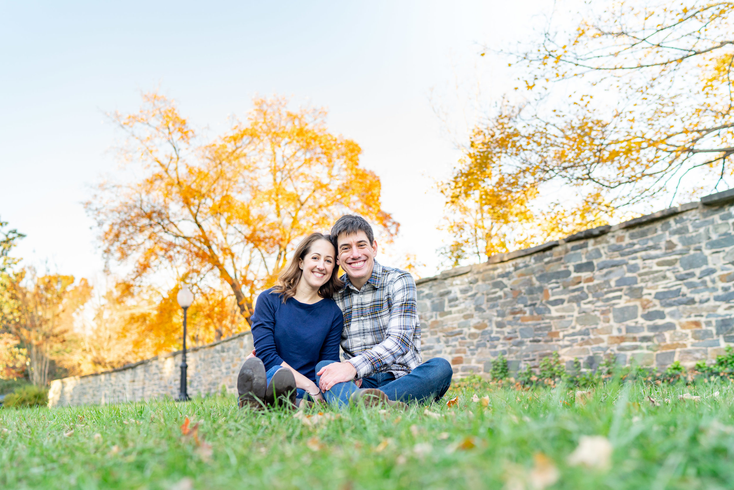 Bride and groom having engagement session on Georgetown University lawn