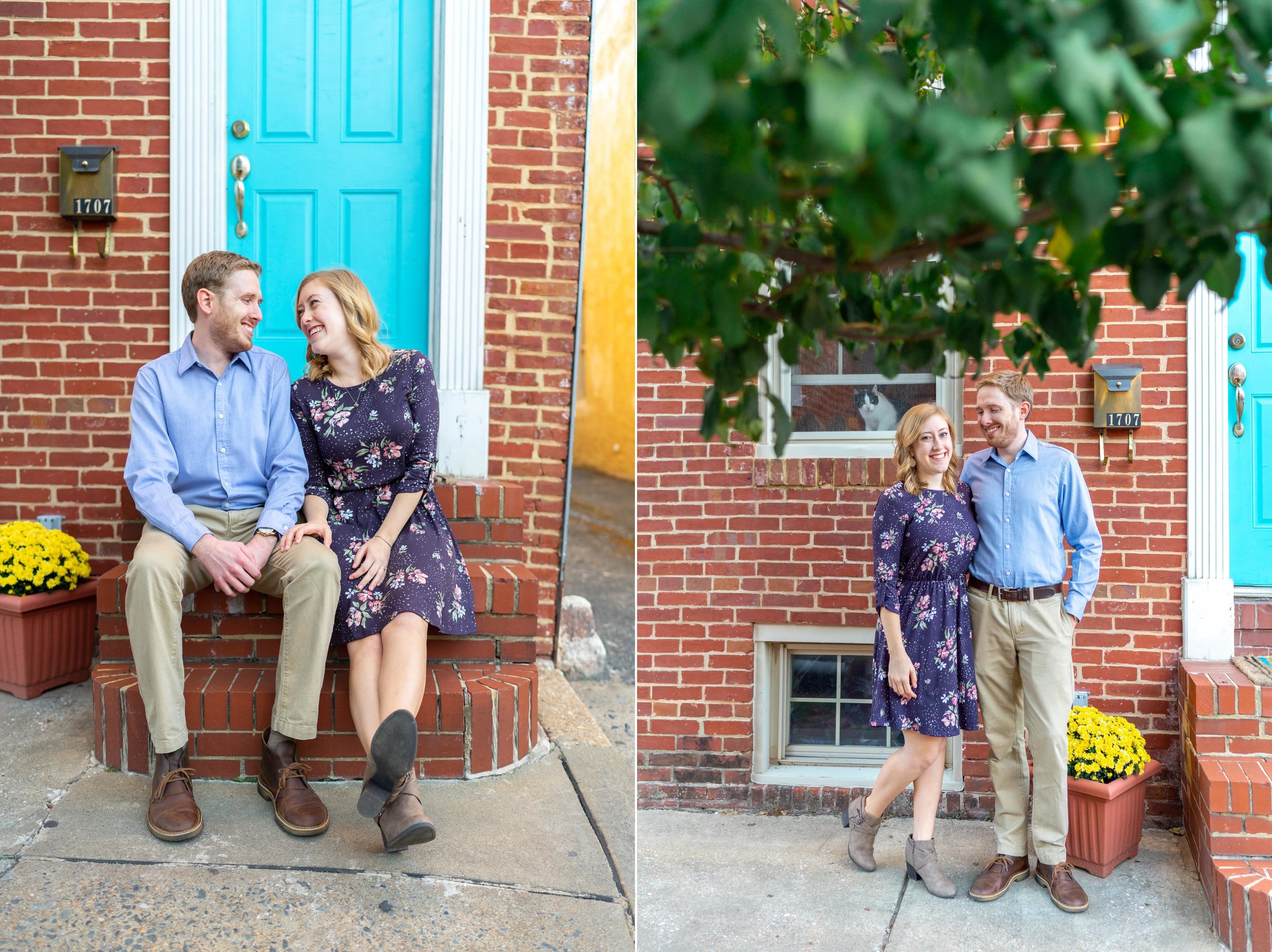 Engagement photos on a front stoop at Federal Hill Park home in Baltimore Maryland