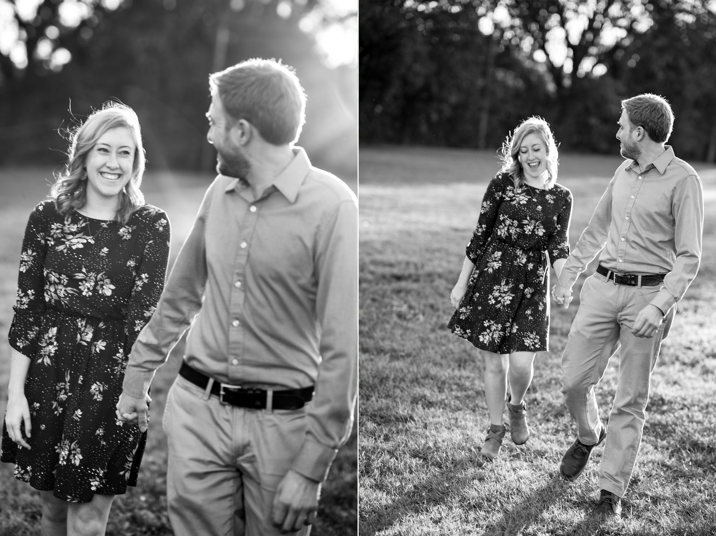 Walking across the lawn at sunset during engagement session at Federal Hill Park in Baltimore