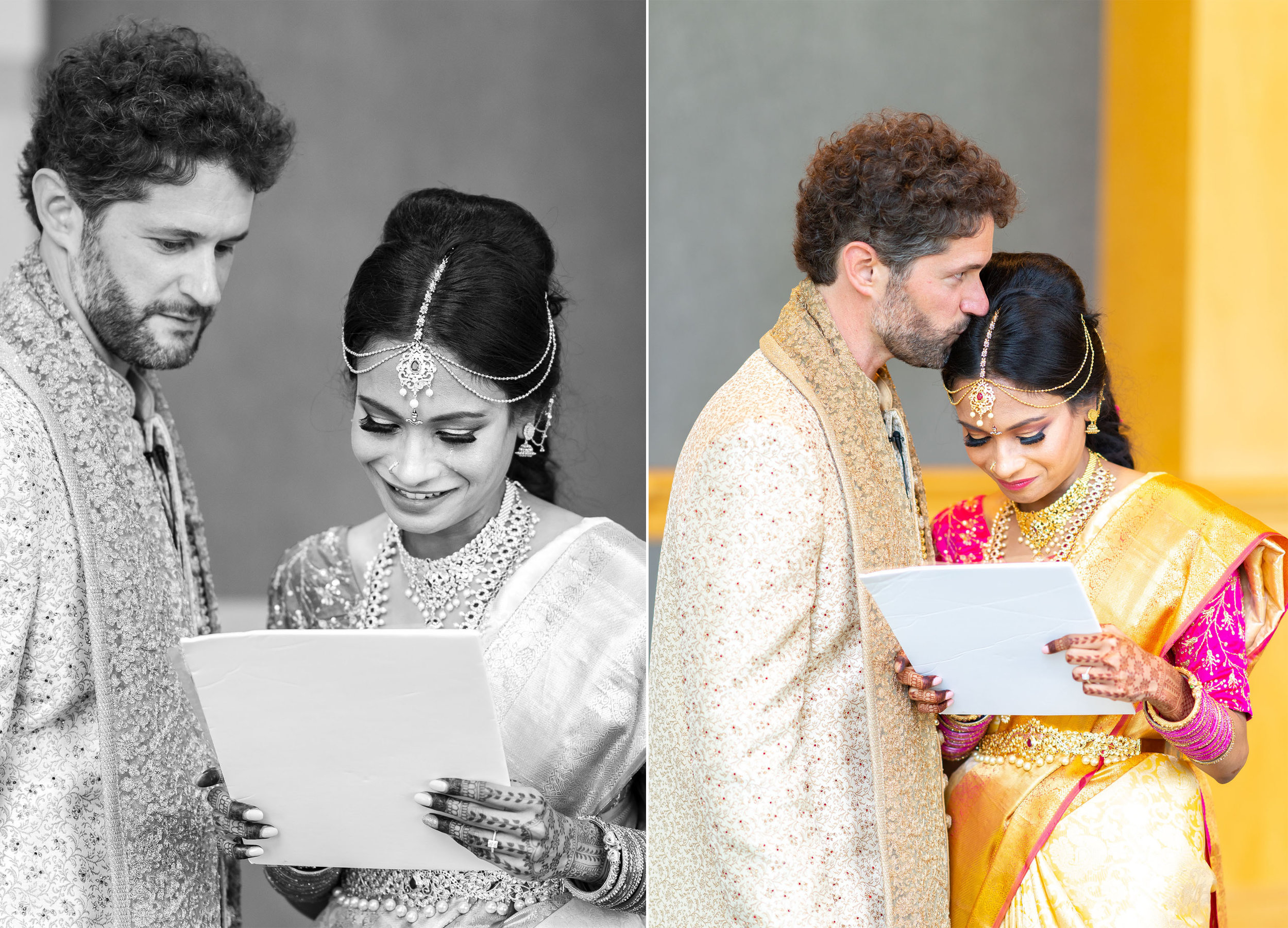 indian bride and groom during first look reading vows