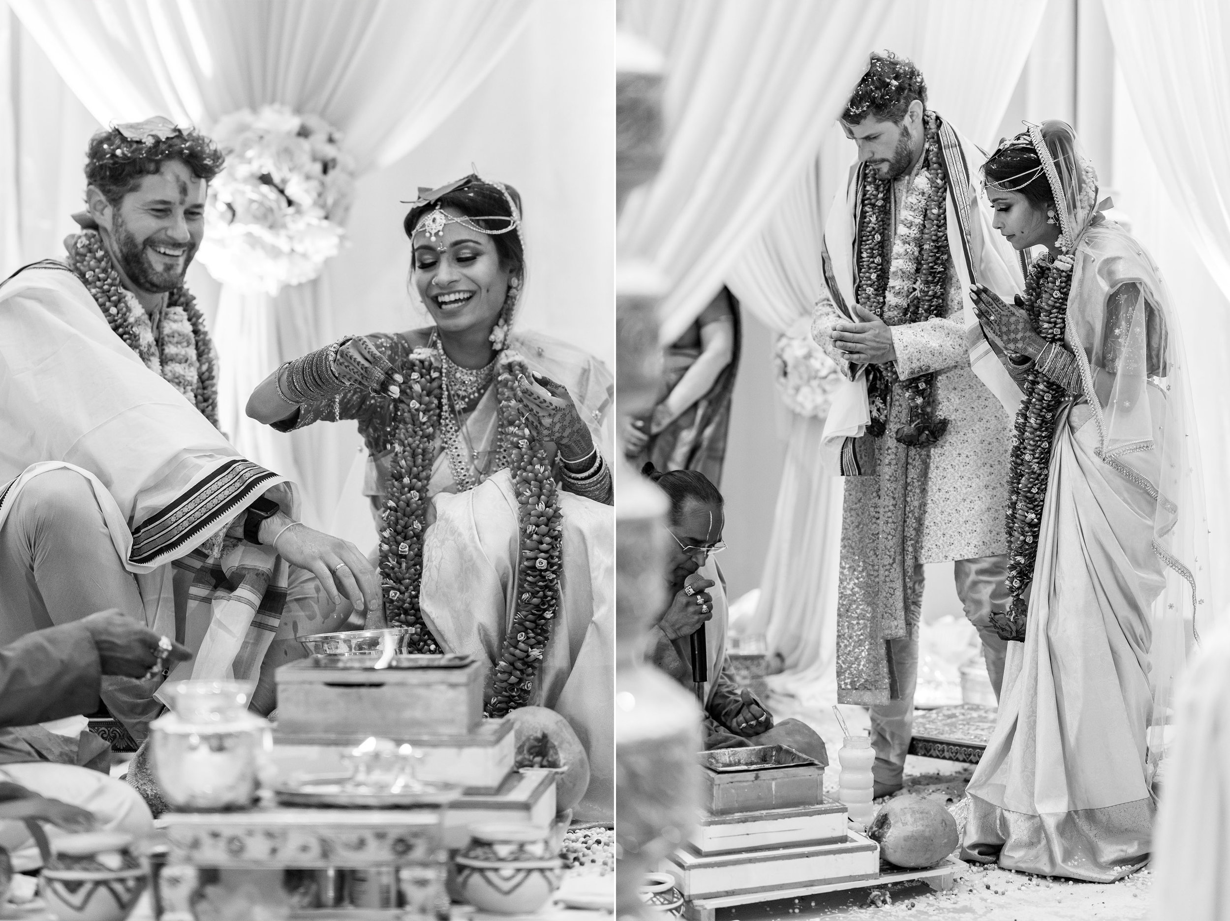 black and white images of bride and groom during indian wedding ceremony photos in dc