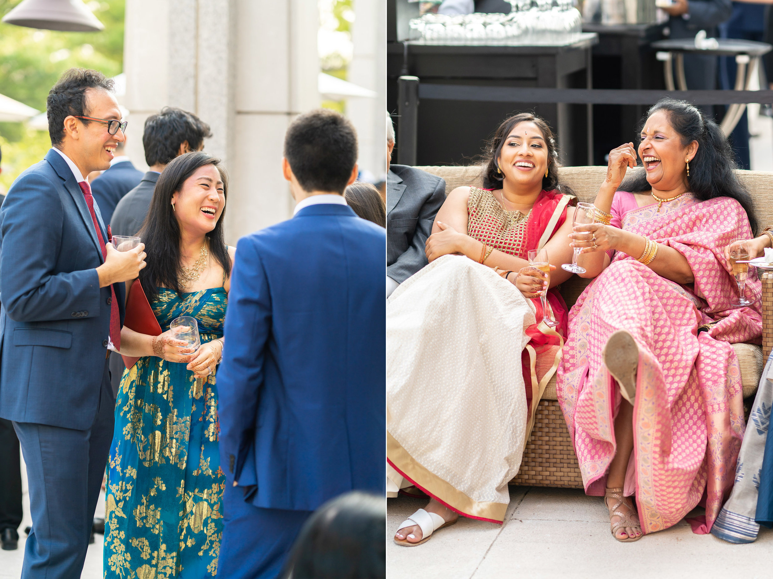 Wedding guests laughing during cocktail hour at bethesda north marriott