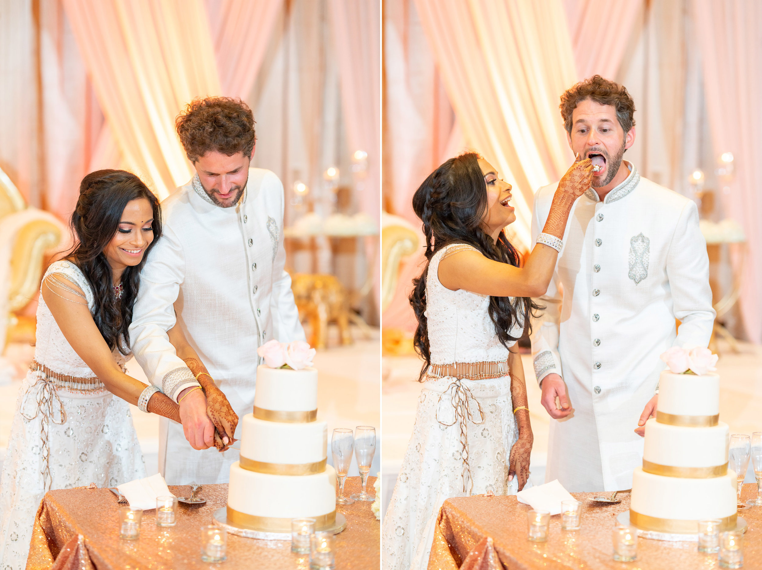 Indian bride and groom cut the wedding cake at bethesda north marriott