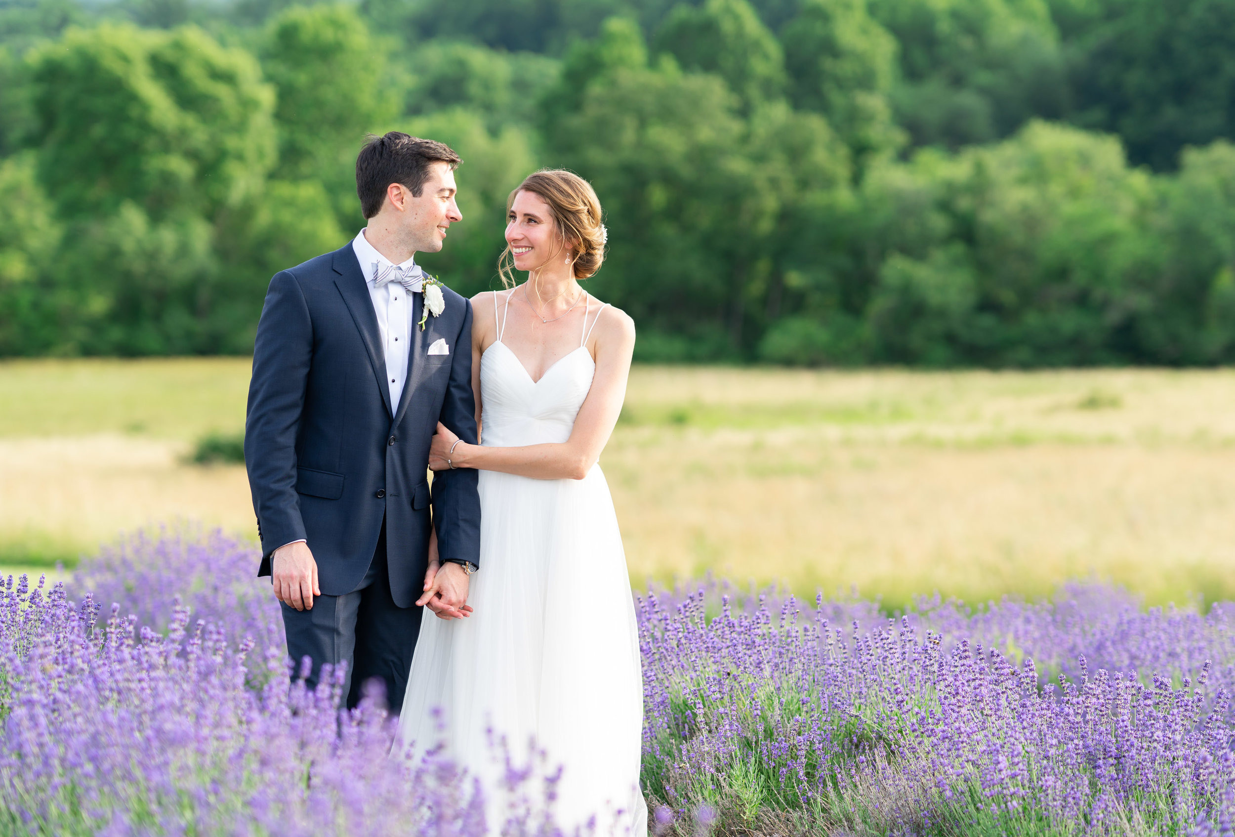 Bride and groom portraits during lavender festival at Springfield manor winery and distillery