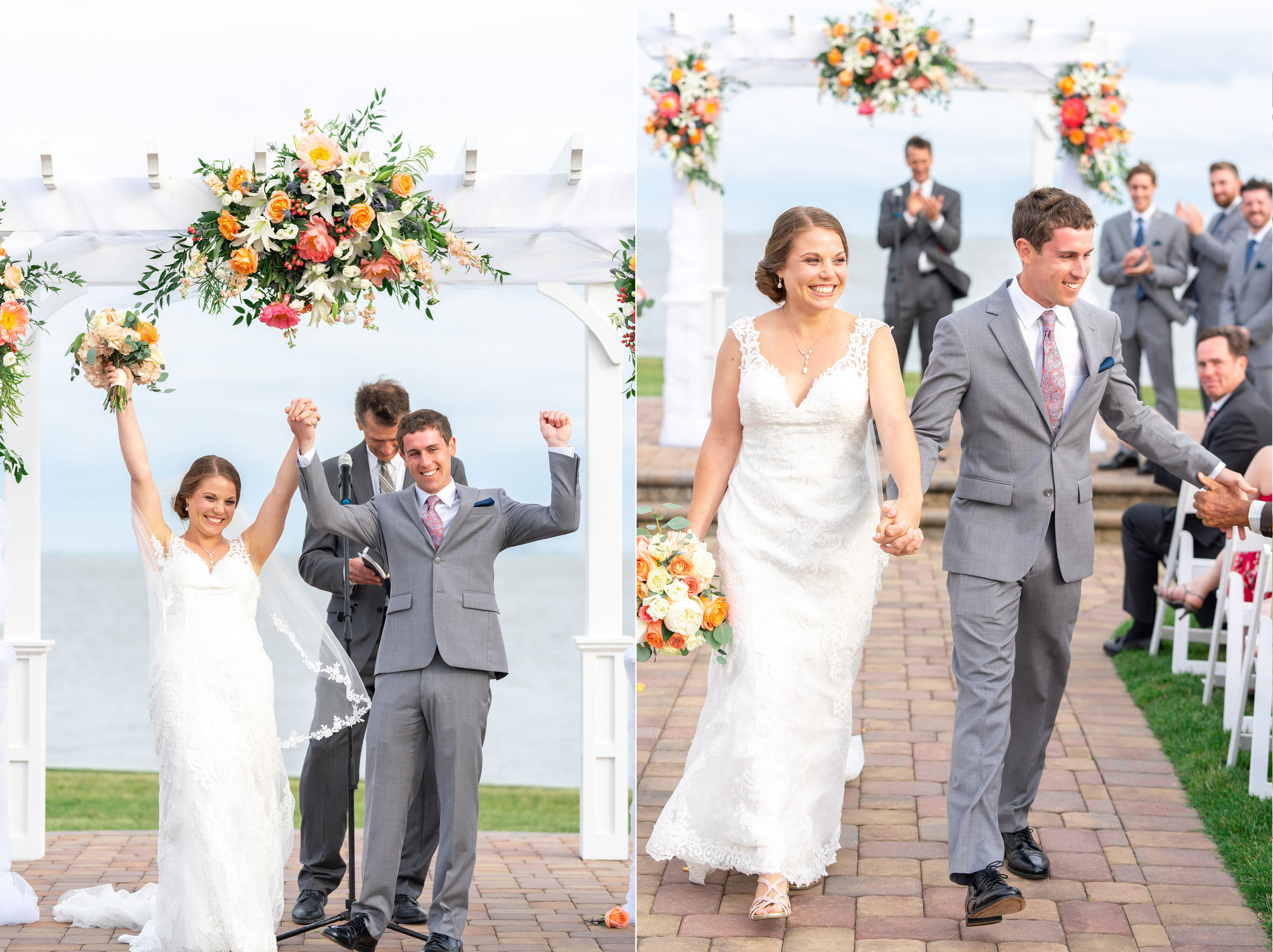 Summer wedding bride and groom walking down the aisle at Rehoboth Beach Country Club