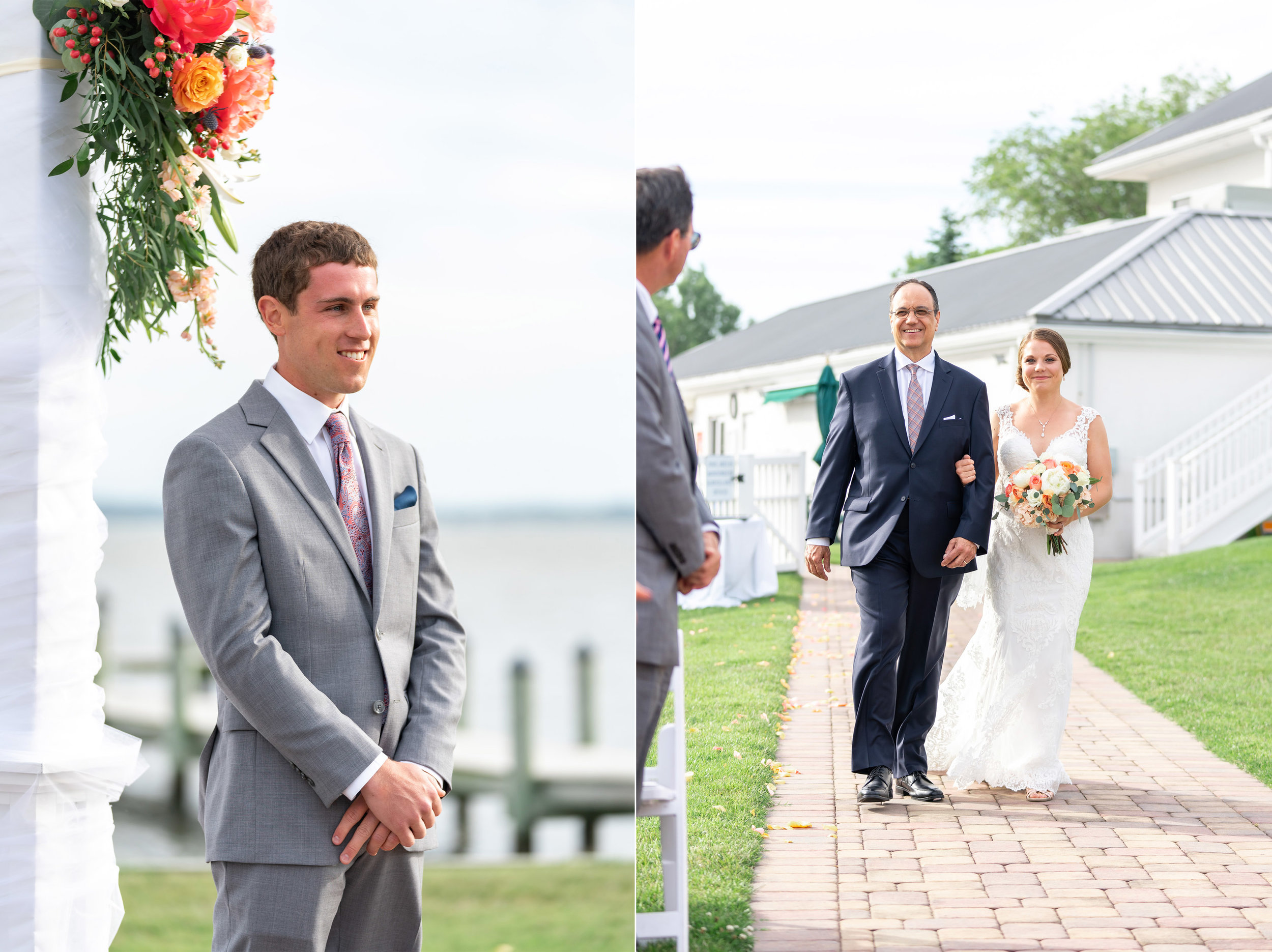 Groom watching bride come down the aisle at Rehoboth Beach Country Club