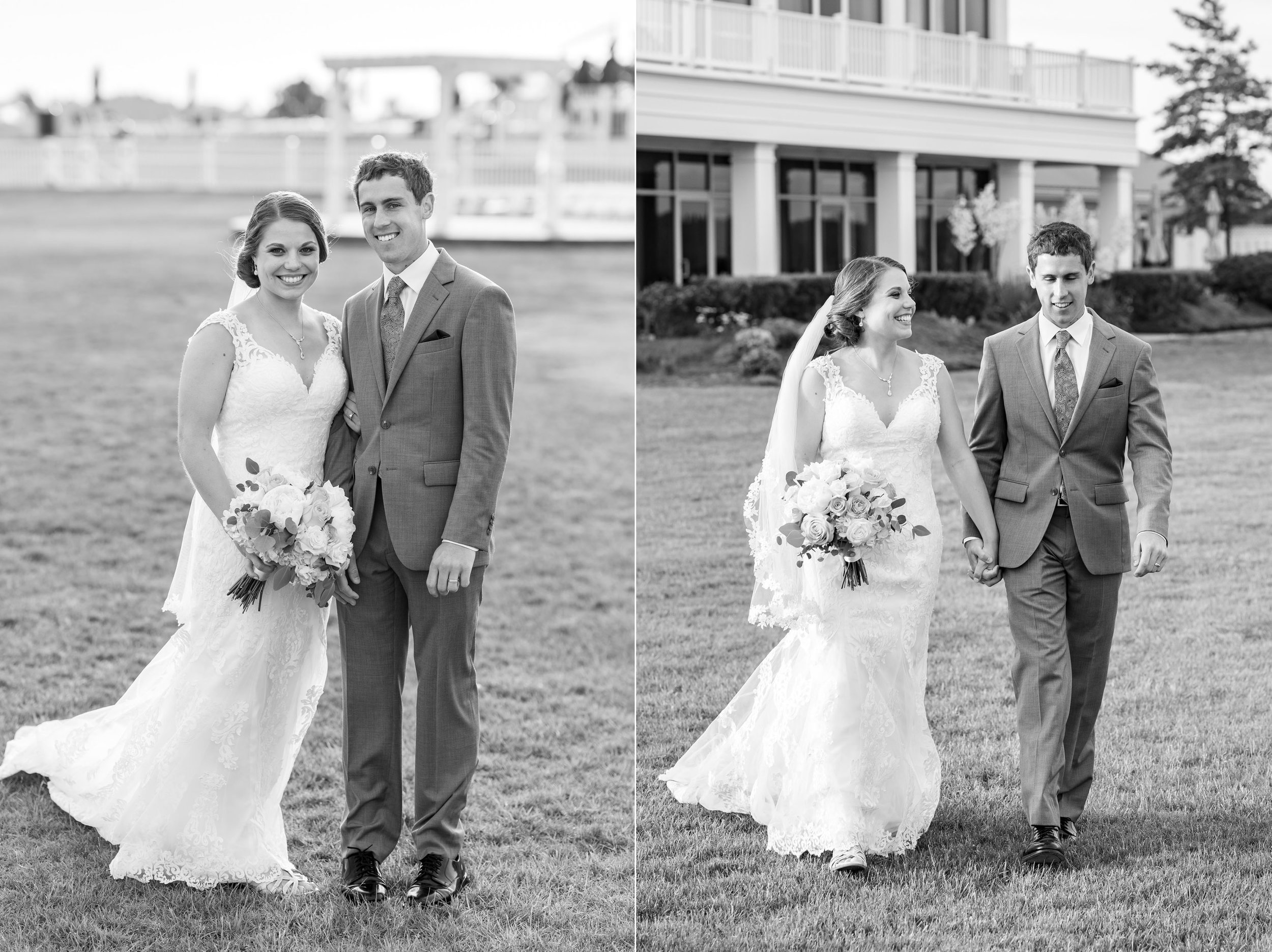 Bride and groom black and white portraits walking across golf course at Rehoboth Beach Country Club