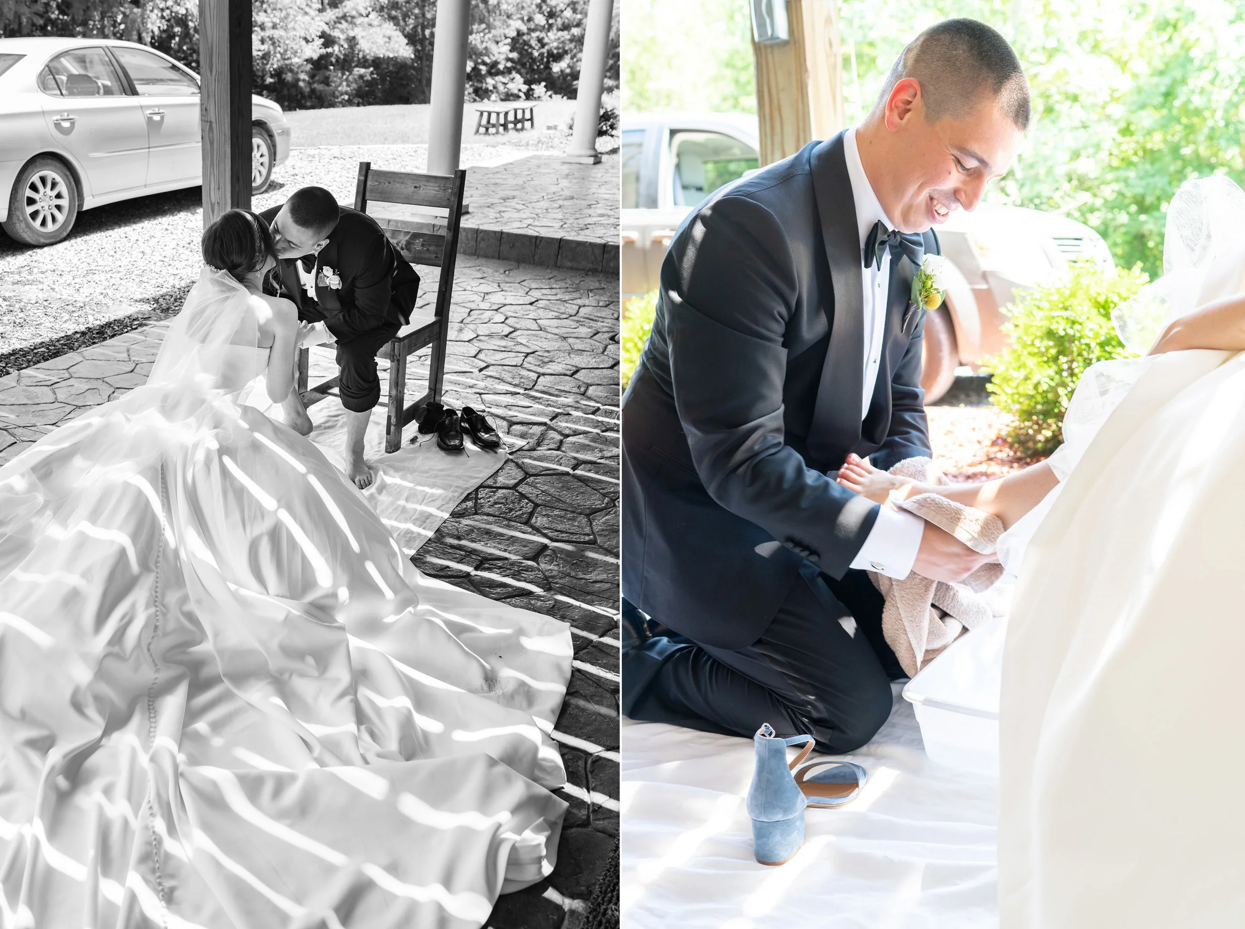 Bride and groom wash each others feet after wedding ceremony in Luray