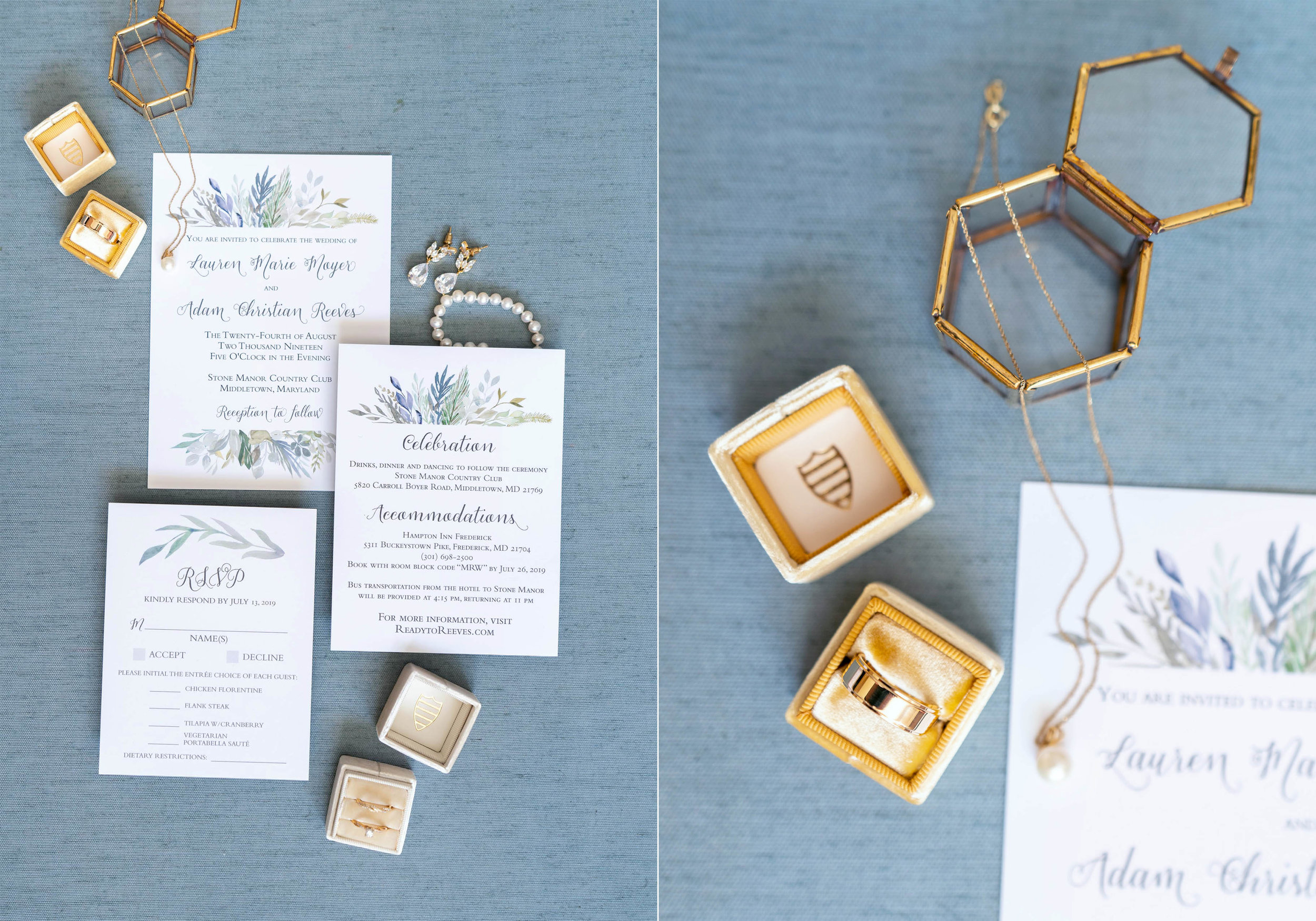 Wedding invitations and blue styling board and Eastleigh yellow Mrs Box
