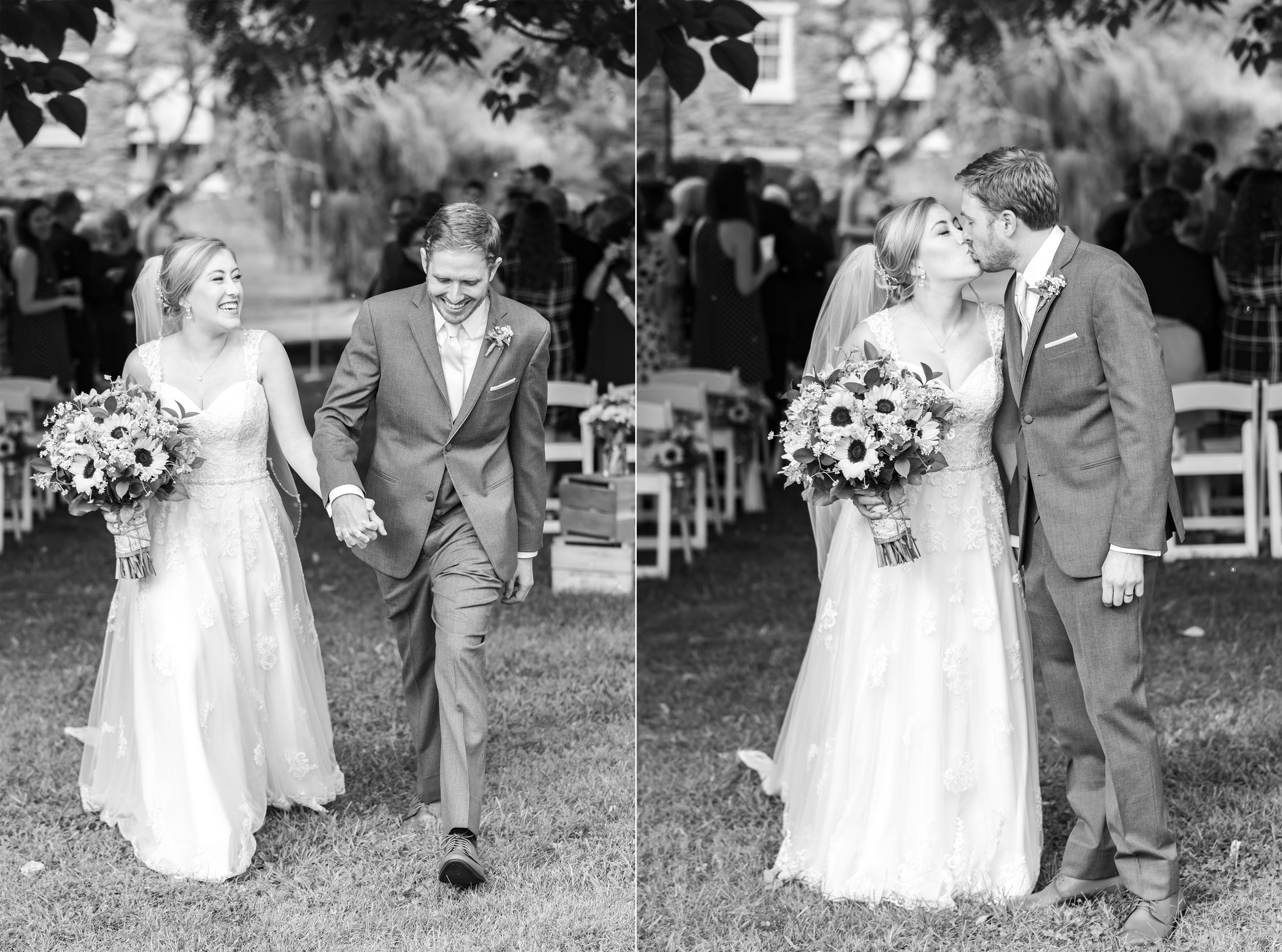 Black and white photos of bride and groom walking down the aisle with bubbles