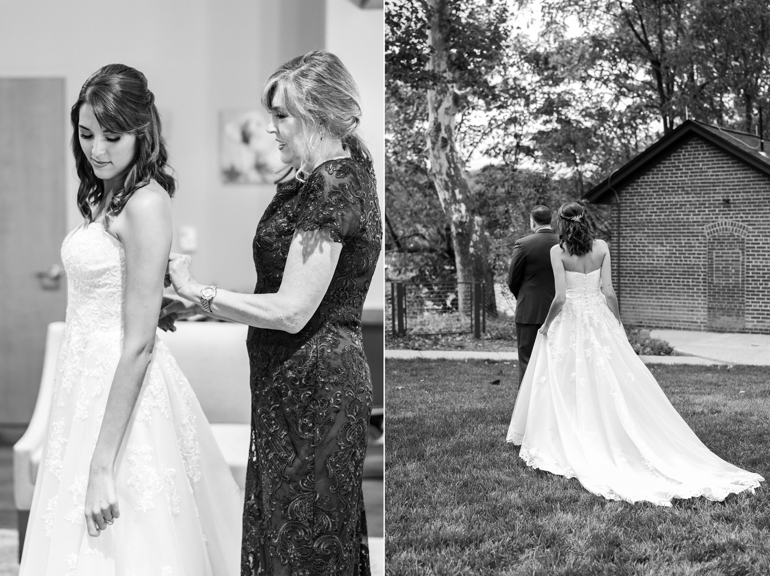 Bride putting on dress and the first look at Riverview at Occoquan