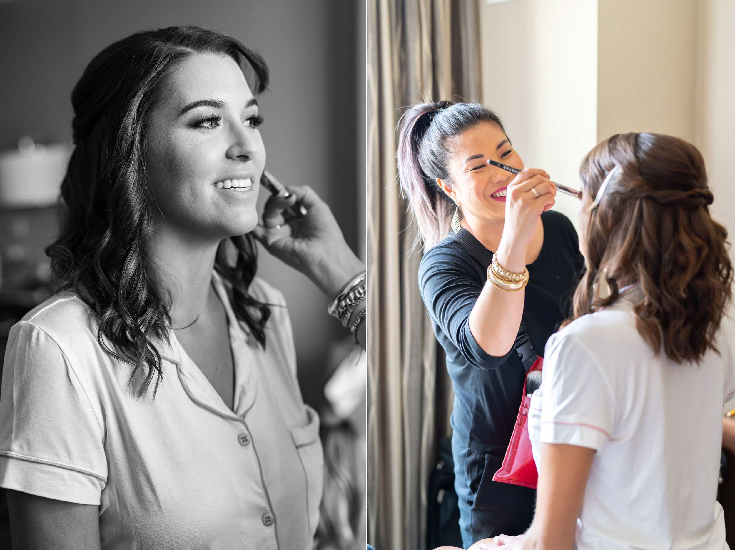 Bride having hair and makeup done at Embassy Suites Springfield wedding by Valerie Hammer